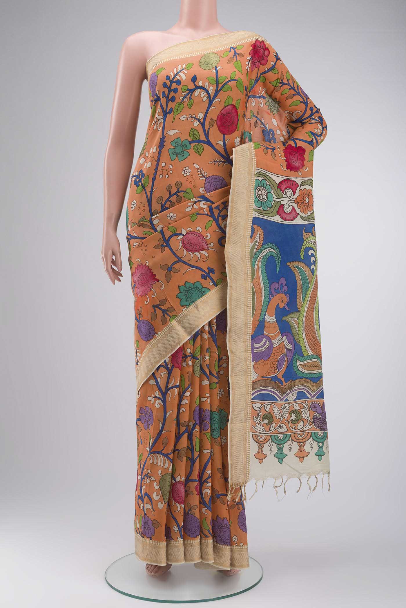 Orange Kalamkari Cotton Saree