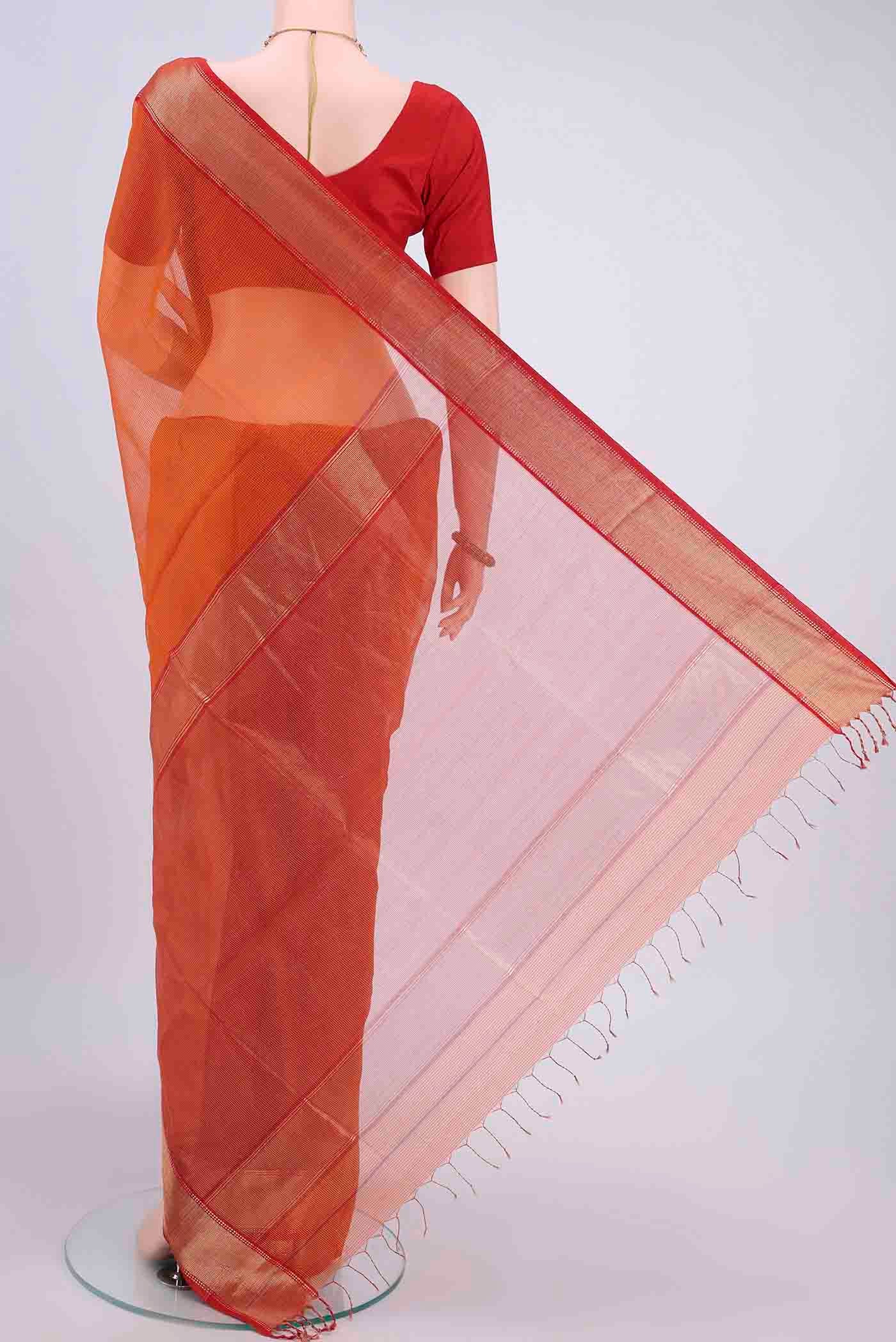 Orange Maheshwari Silk Cotton Saree - Image 3