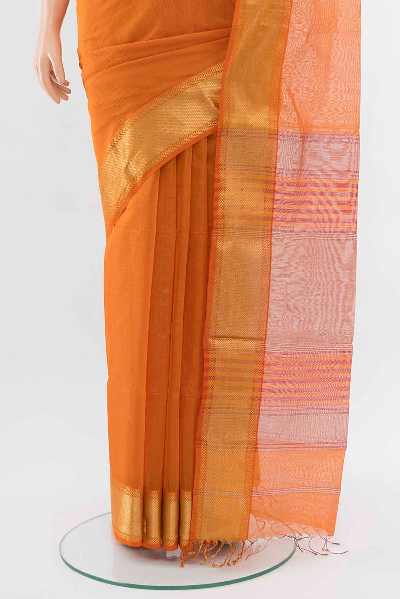 Orange Maheshwari Silk Cotton Saree - Image 3