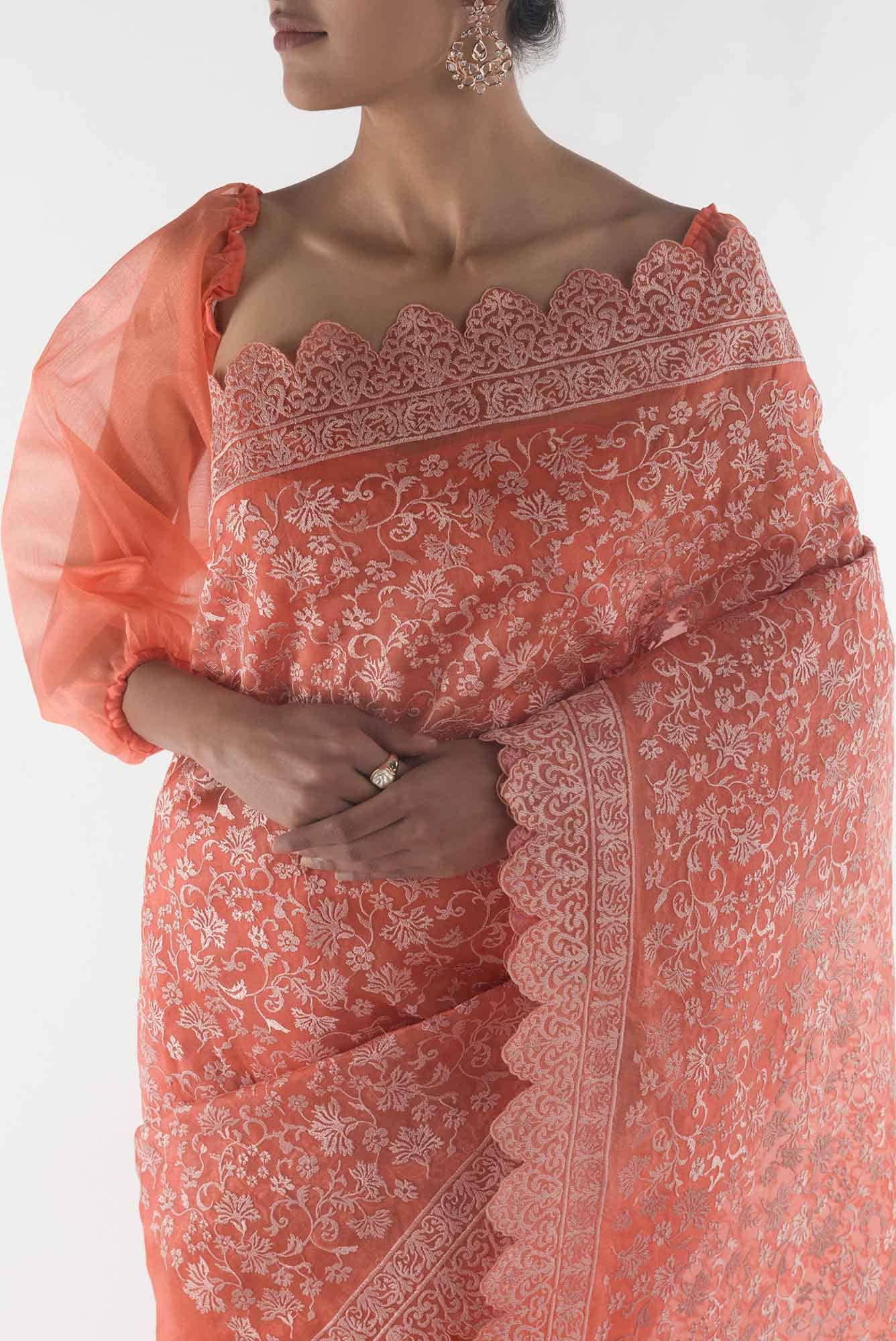 Iris waltz Orange floral design saree from Embroidered Romance Collection by Nalli - Image 3
