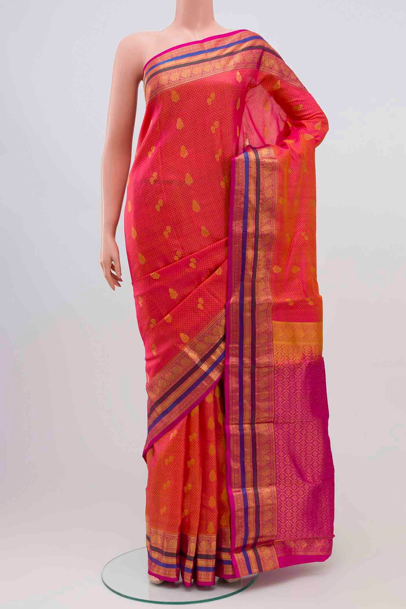 Pink with Yellow Color Kanchipuram Silk Saree - Image 2