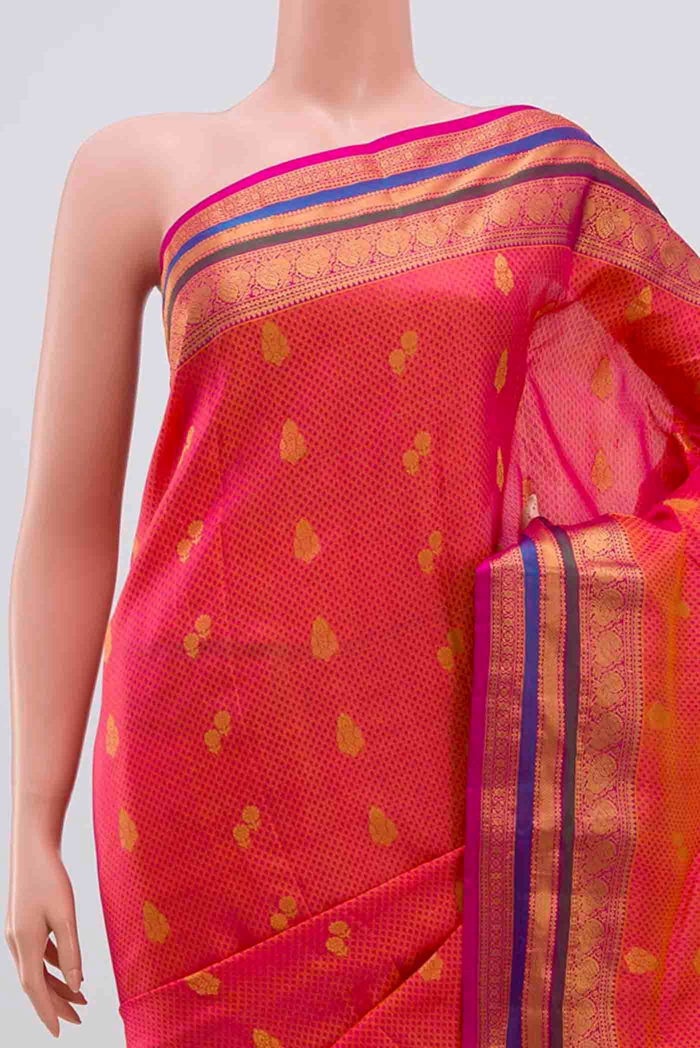 Pink with Yellow Color Kanchipuram Silk Saree - Image 3