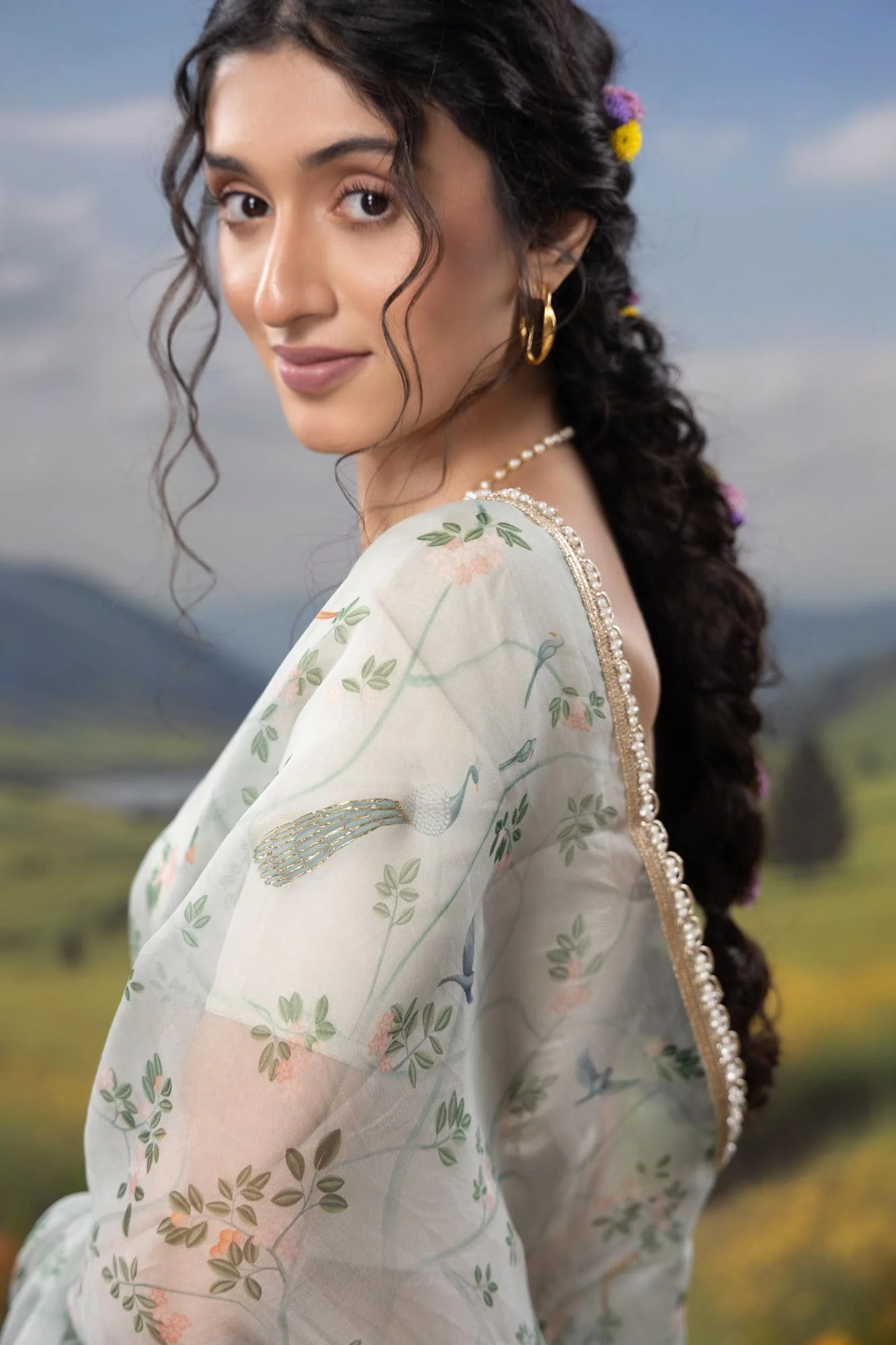 Oriental Gardens-Sea Green Pure Organza Silk Saree - Image 2