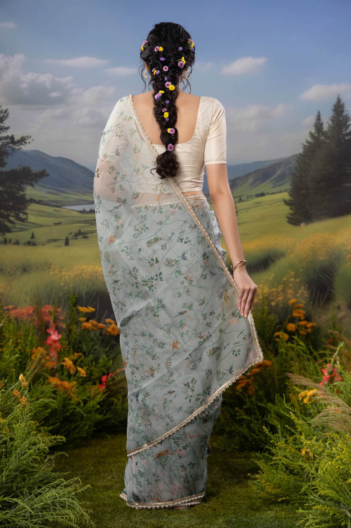 Oriental Gardens-Sea Green Pure Organza Silk Saree - Image 5