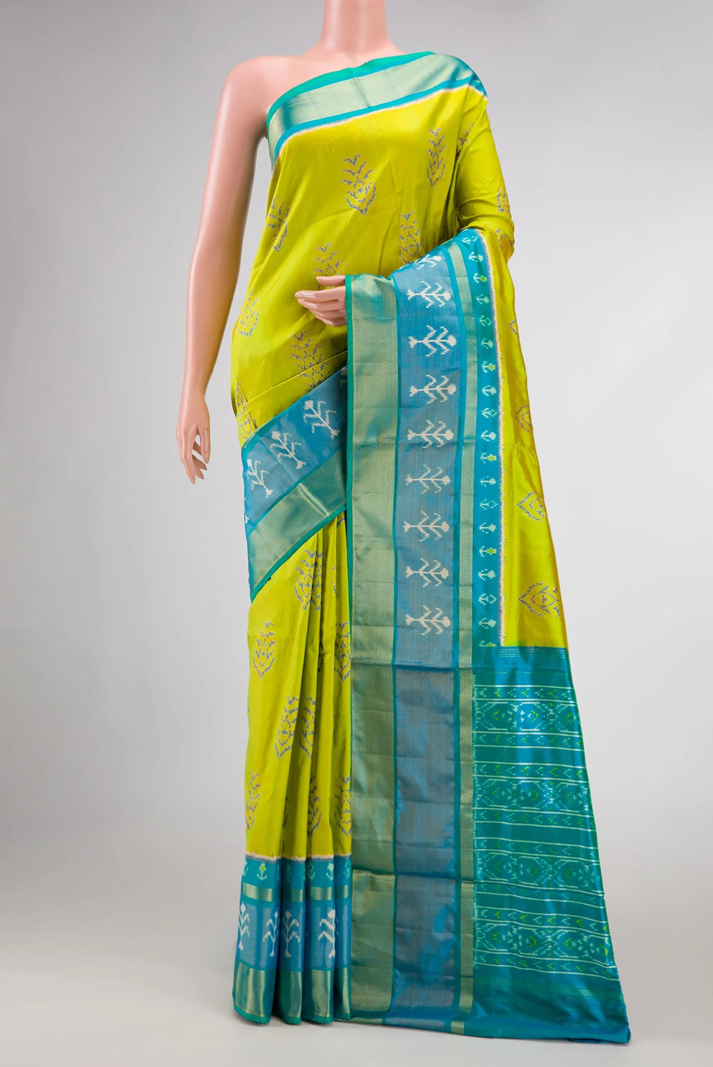 Parrot Green Dual Tone Double Ikat Saree