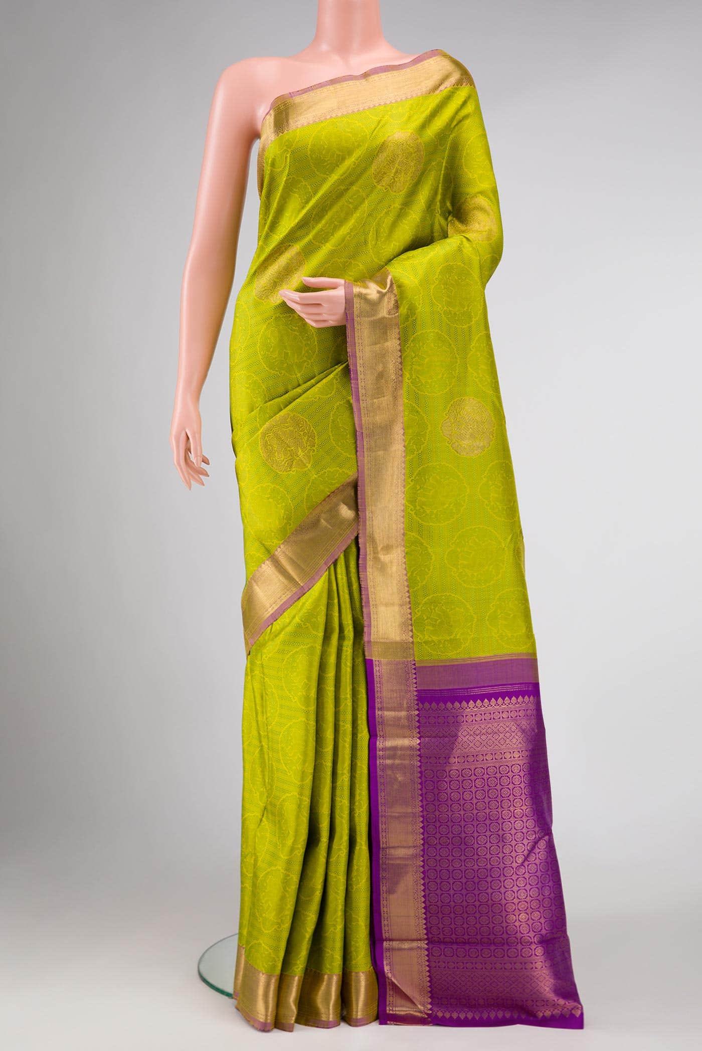 Pure Silk Pure Zari Parrot Green Dual Tone Kanjivaram Saree