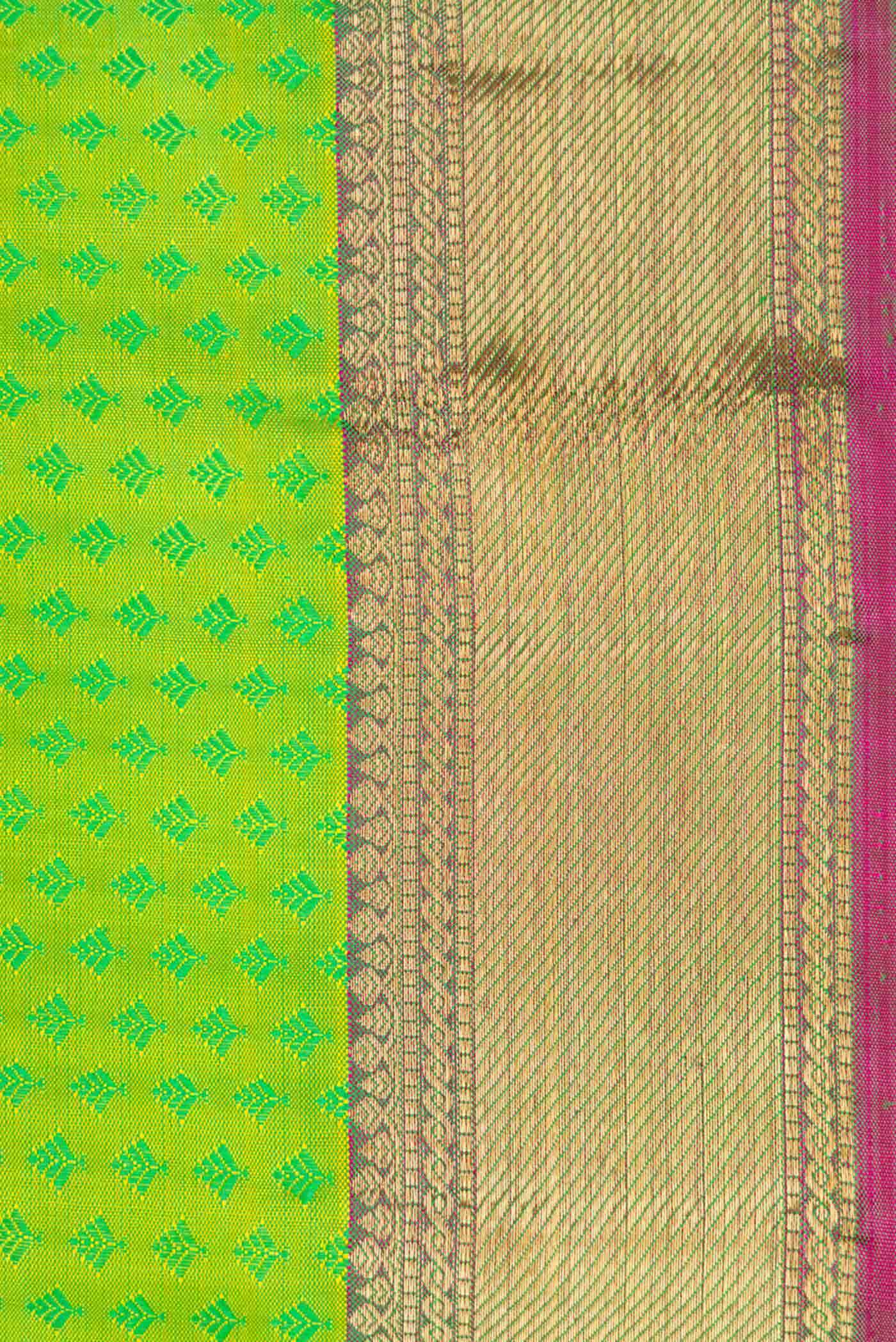 Pure Silk Pure Zari Parrot Green Dual Tone Kanjivaram Saree - Image 6