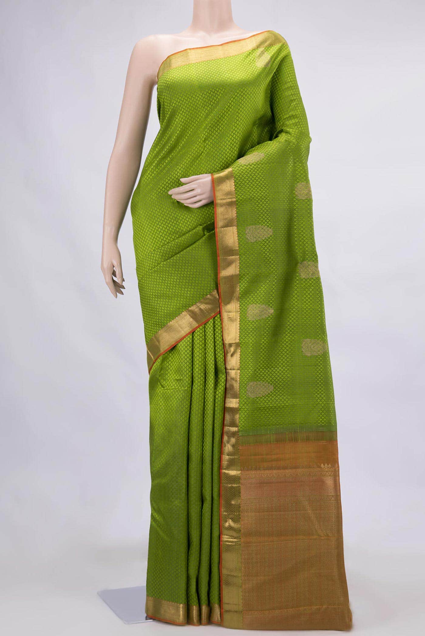 Pure Silk Pure Zari Parrot Green Dual Tone Kanjivaram Saree