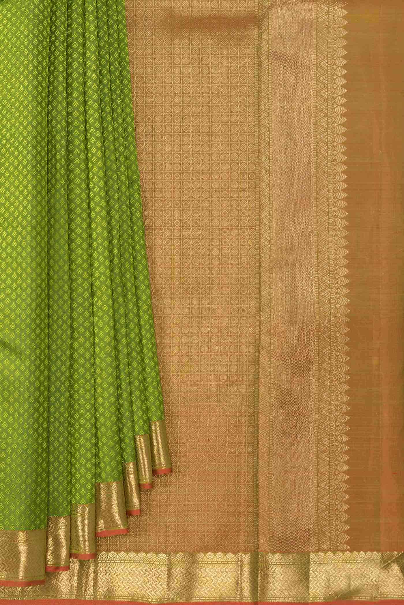 Pure Silk Pure Zari Parrot Green Dual Tone Kanjivaram Saree - Image 2