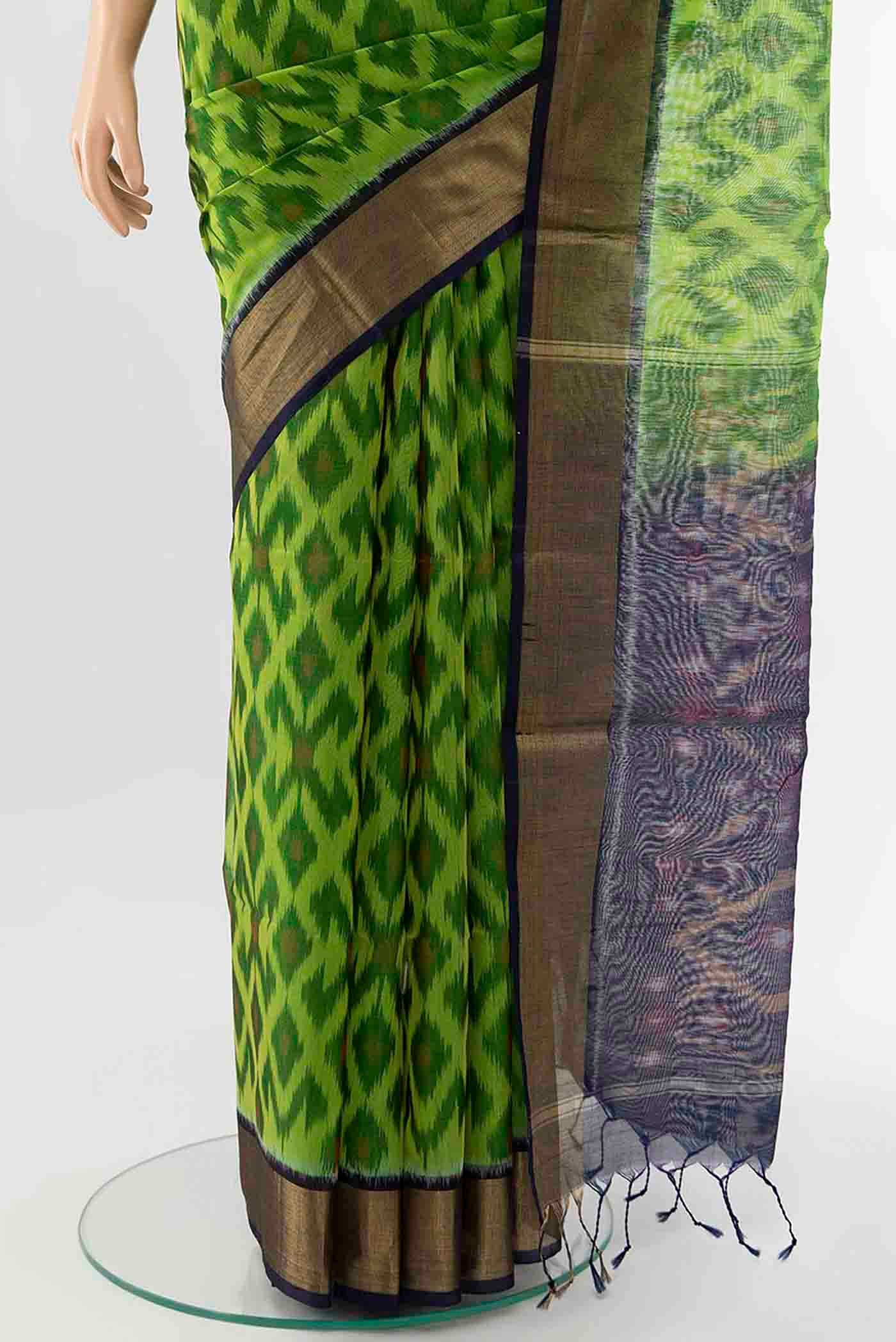 Parrot Green Kora Cotton Saree - Image 3