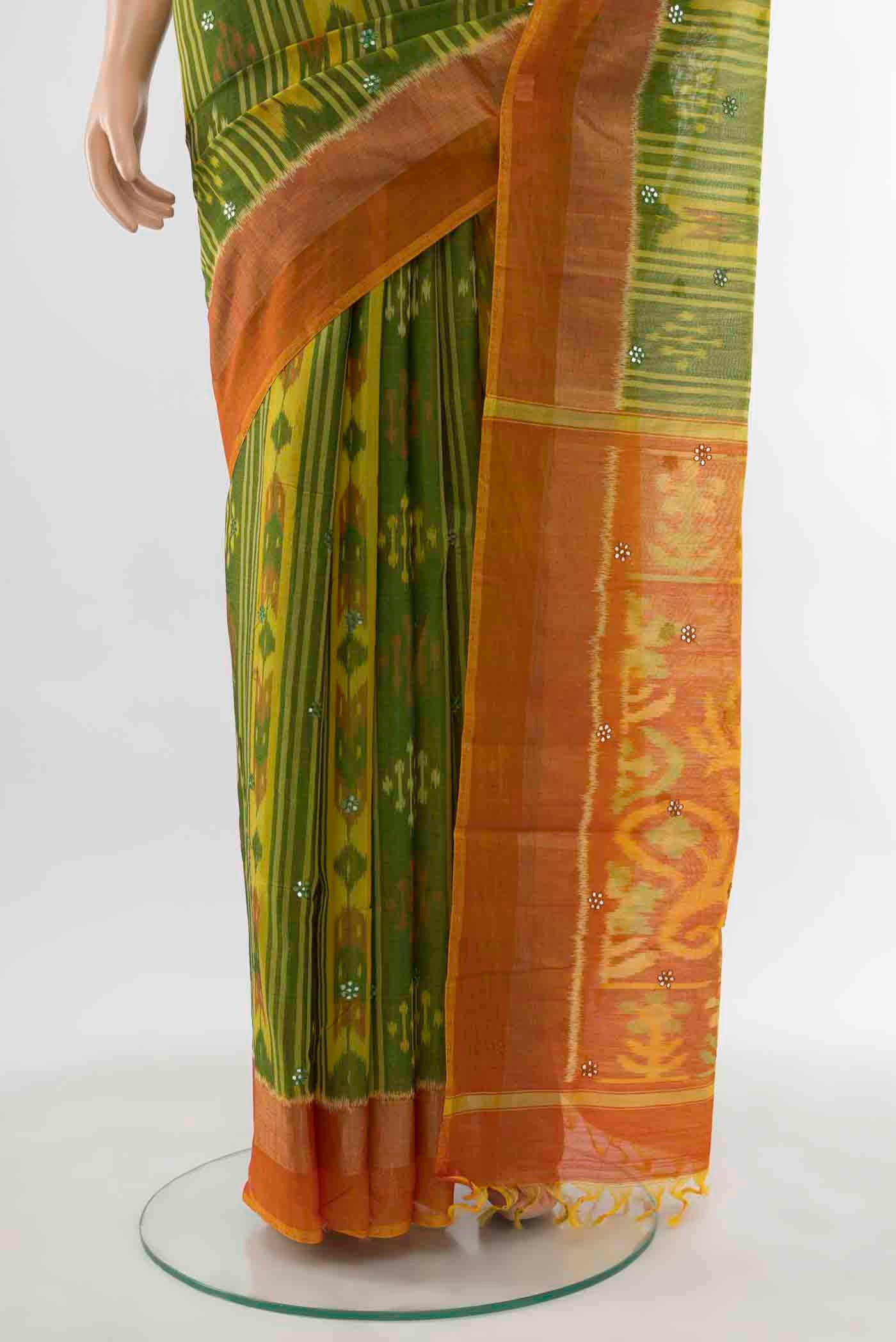 Parrot Green Pochampally Cotton Saree - Image 3