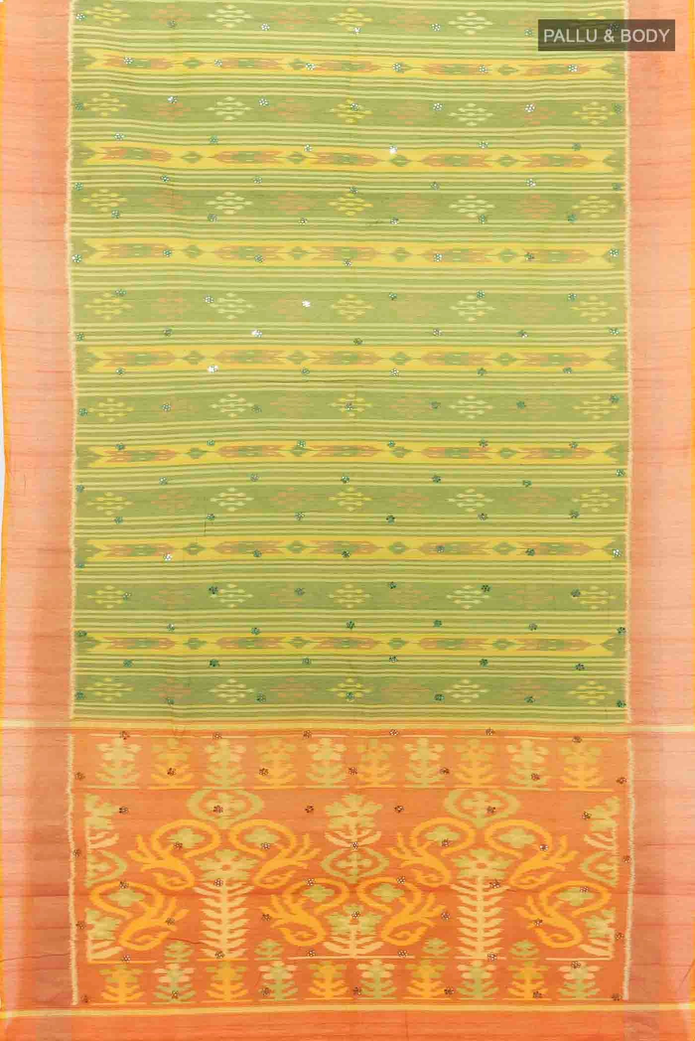 Parrot Green Pochampally Cotton Saree - Image 5