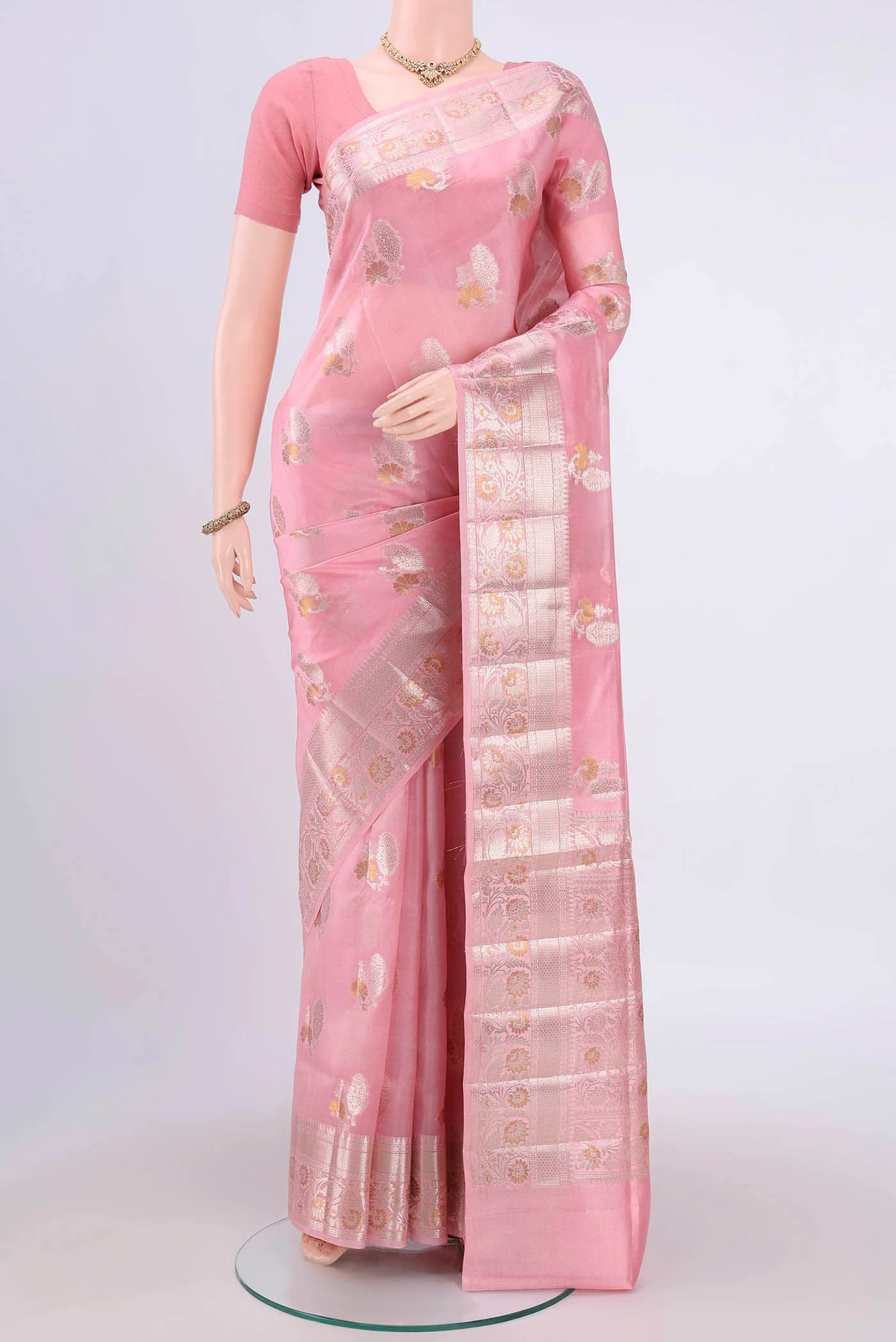Rose pink Banarasi Raw Silk Saree