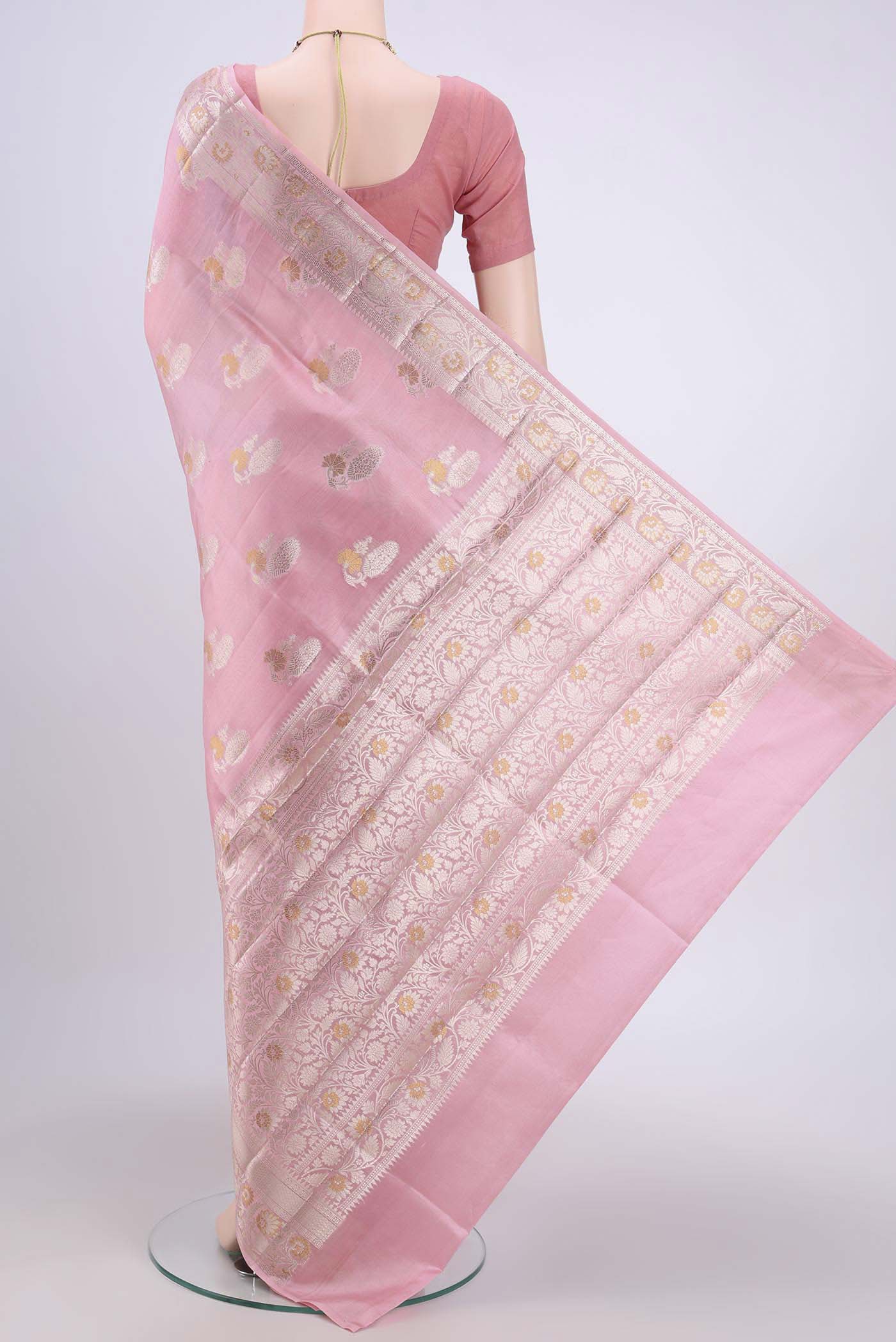 Rose pink Banarasi Raw Silk Saree - Image 3