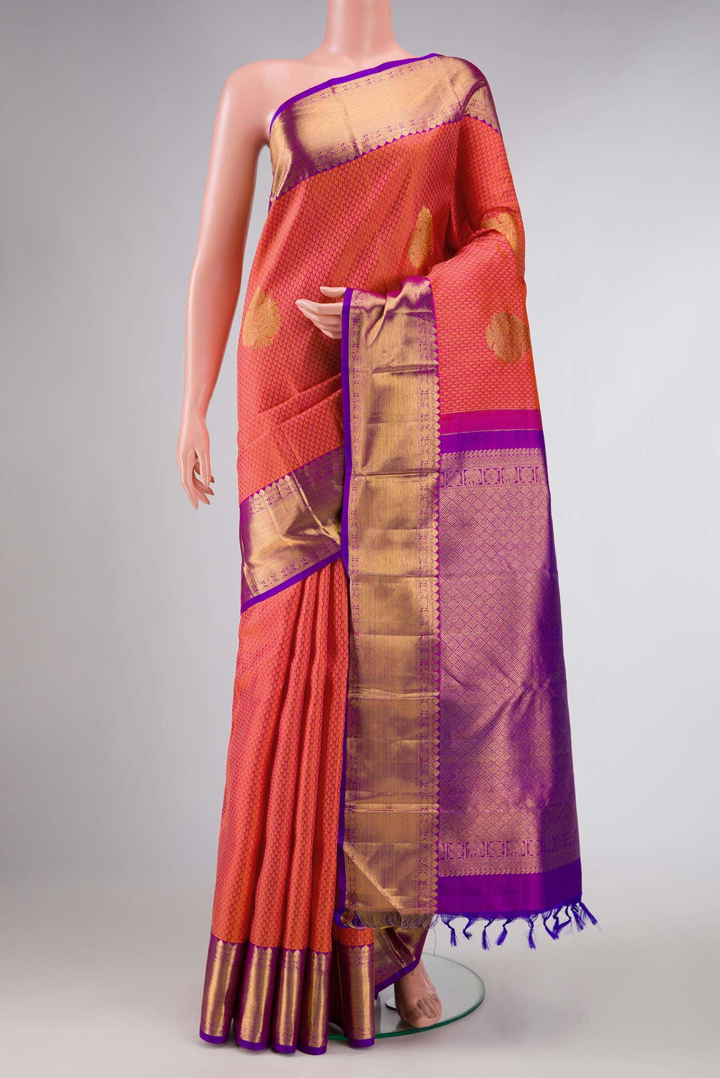 Pure Silk Pure Zari Peach Dual Tone Kanjivaram Saree