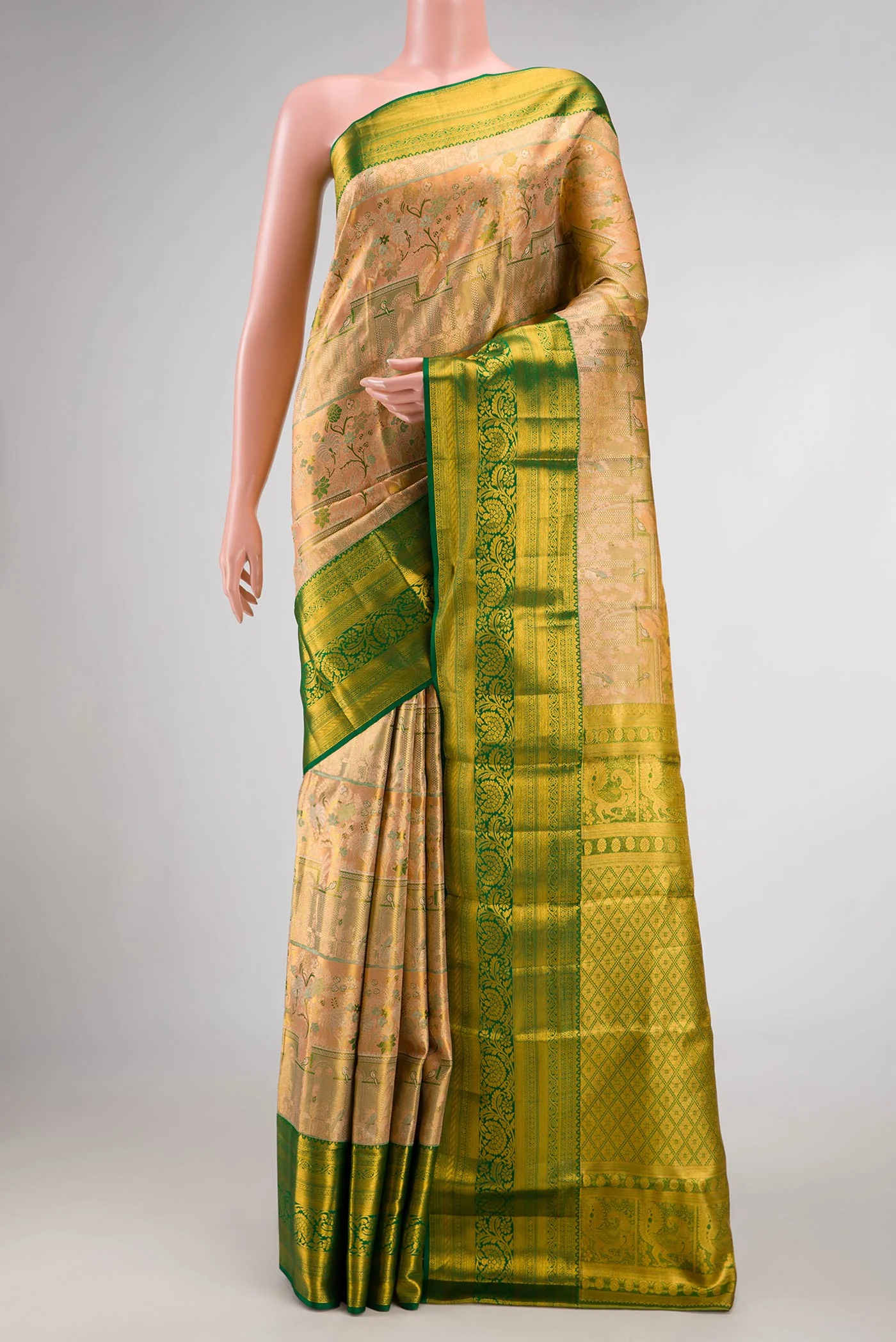 Peach ,Green and Green Color Kanchipuram Tissue Silk Saree