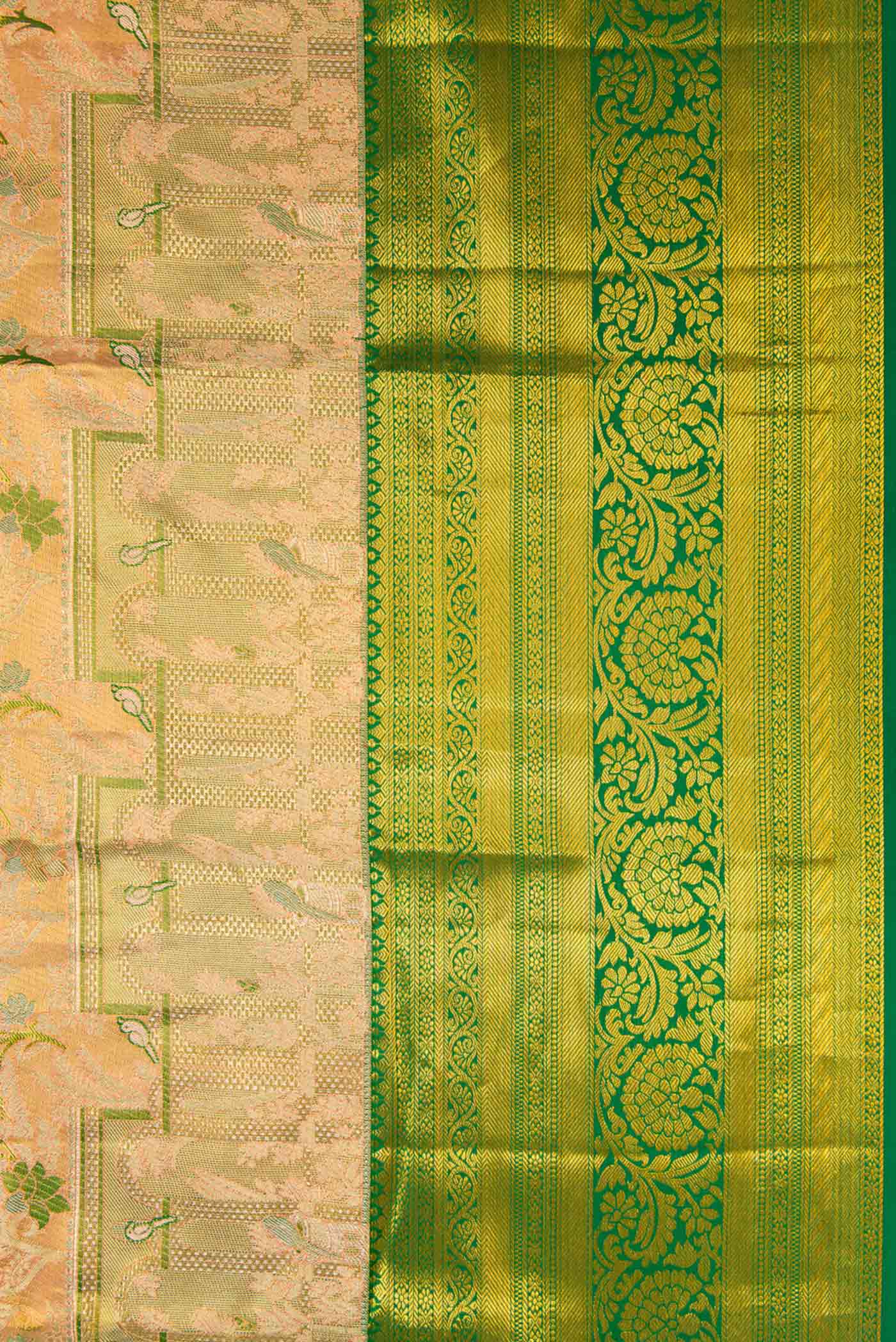 Peach ,Green and Green Color Kanchipuram Tissue Silk Saree - Image 3