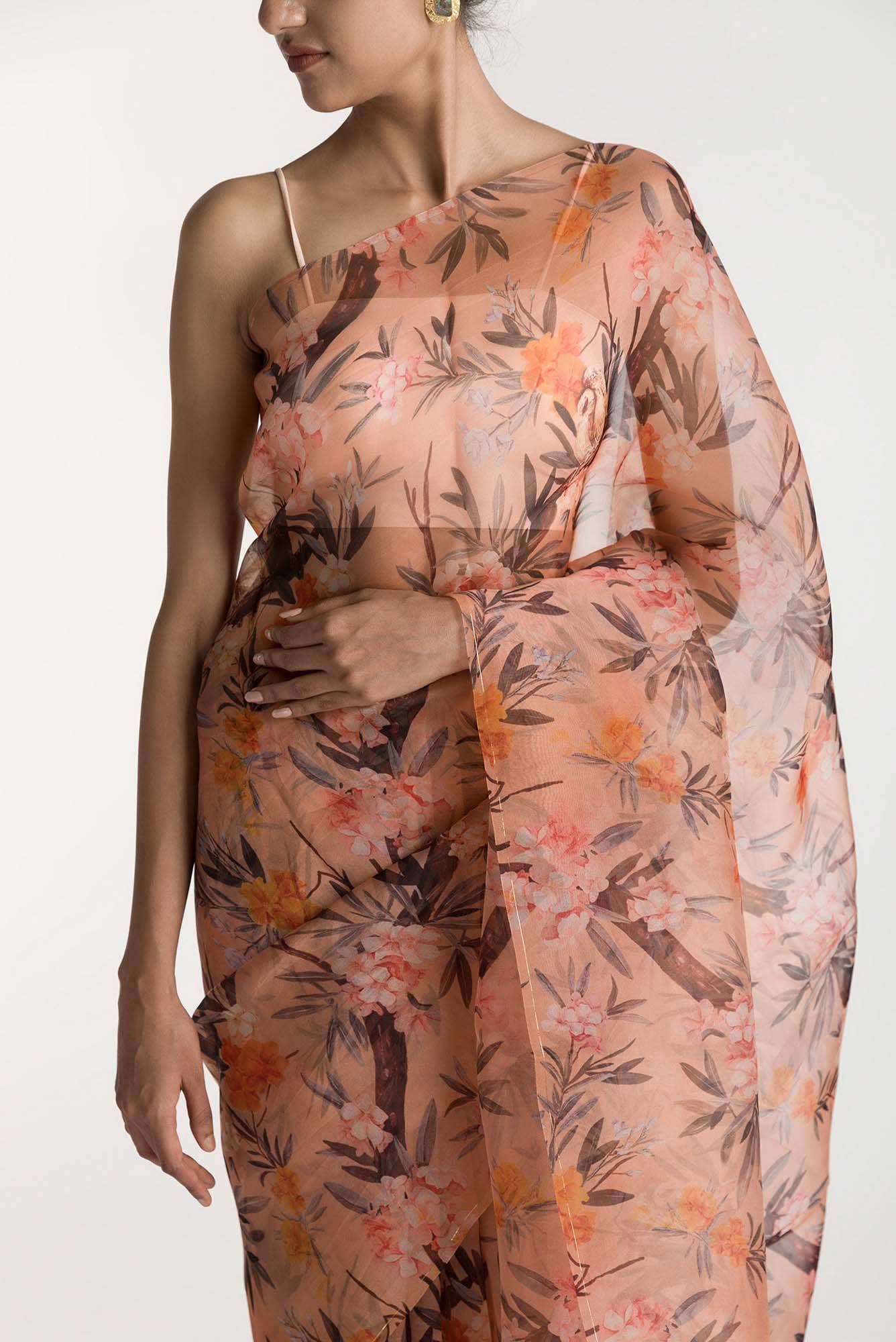 Tropical Parrots Peach Pure Organza Silk Saree - Image 2