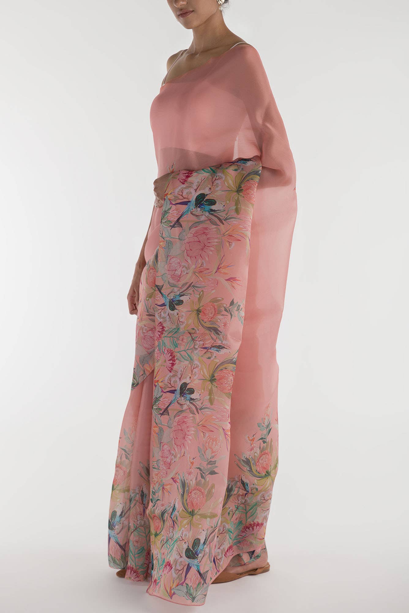 Lovers on the Branch Peach Satin Organza Saree - Image 4