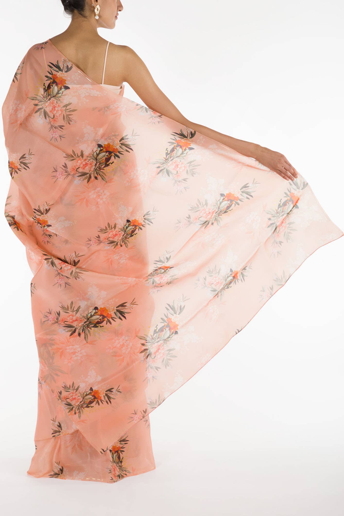 Enigmatic bulbuls Peach Satin Organza Saree - Image 3