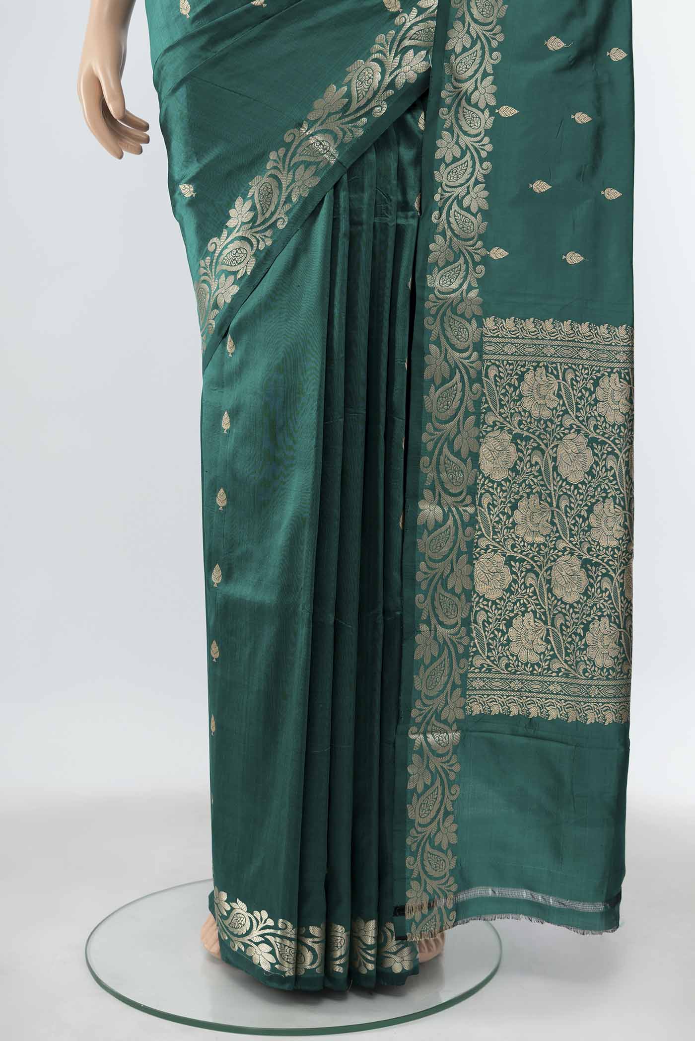 Peacock Blue Banarasi Kora Silk Saree - Image 3