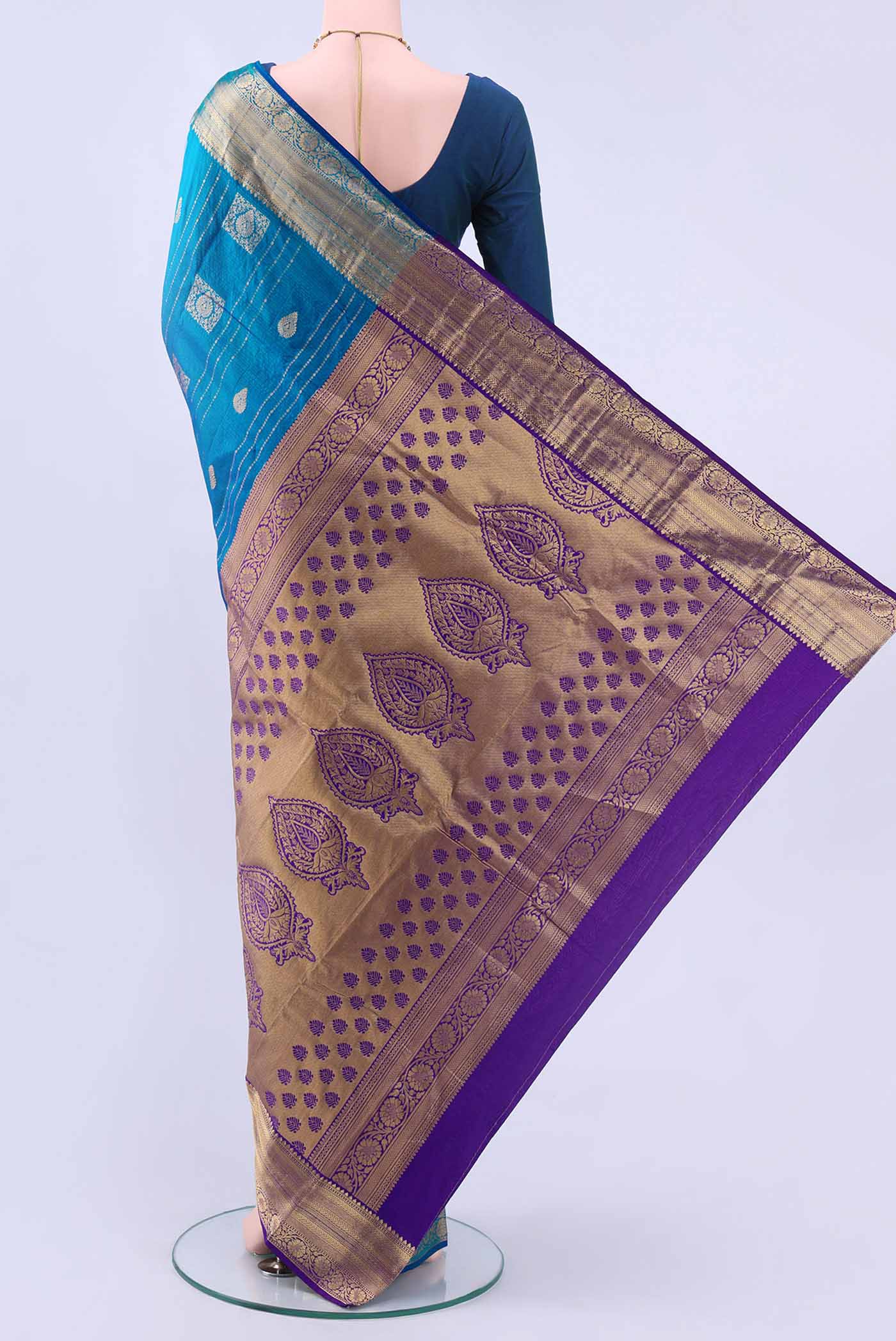 Peacock Blue Bangalore Silk Saree - Image 3