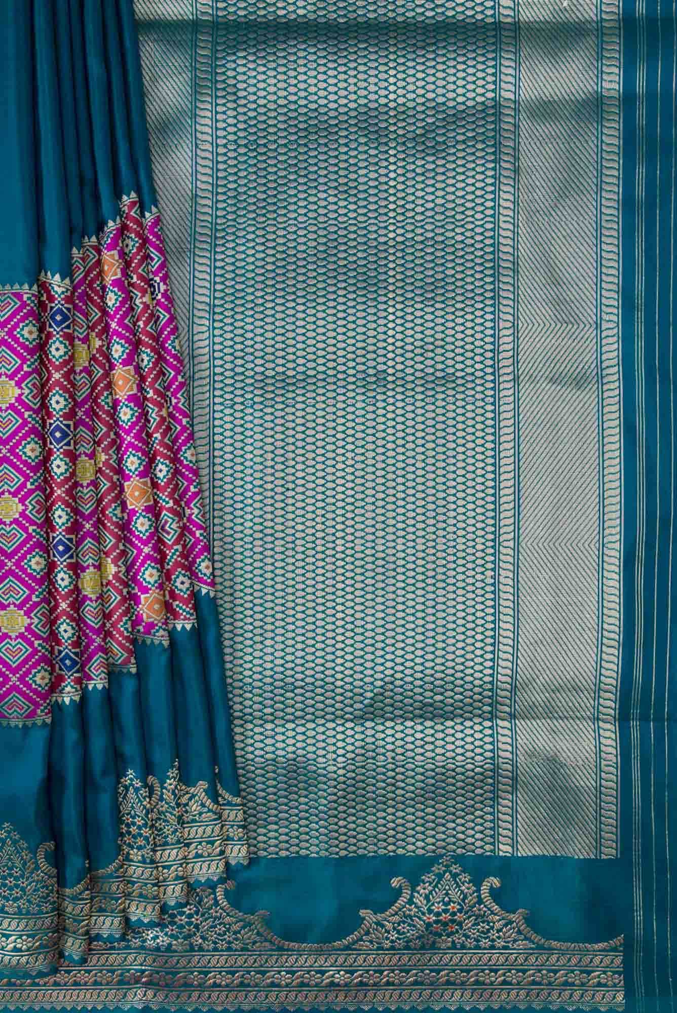 Pure Silk Pure Zari Peacock Blue Dual Tone Banarasi Saree - Image 2