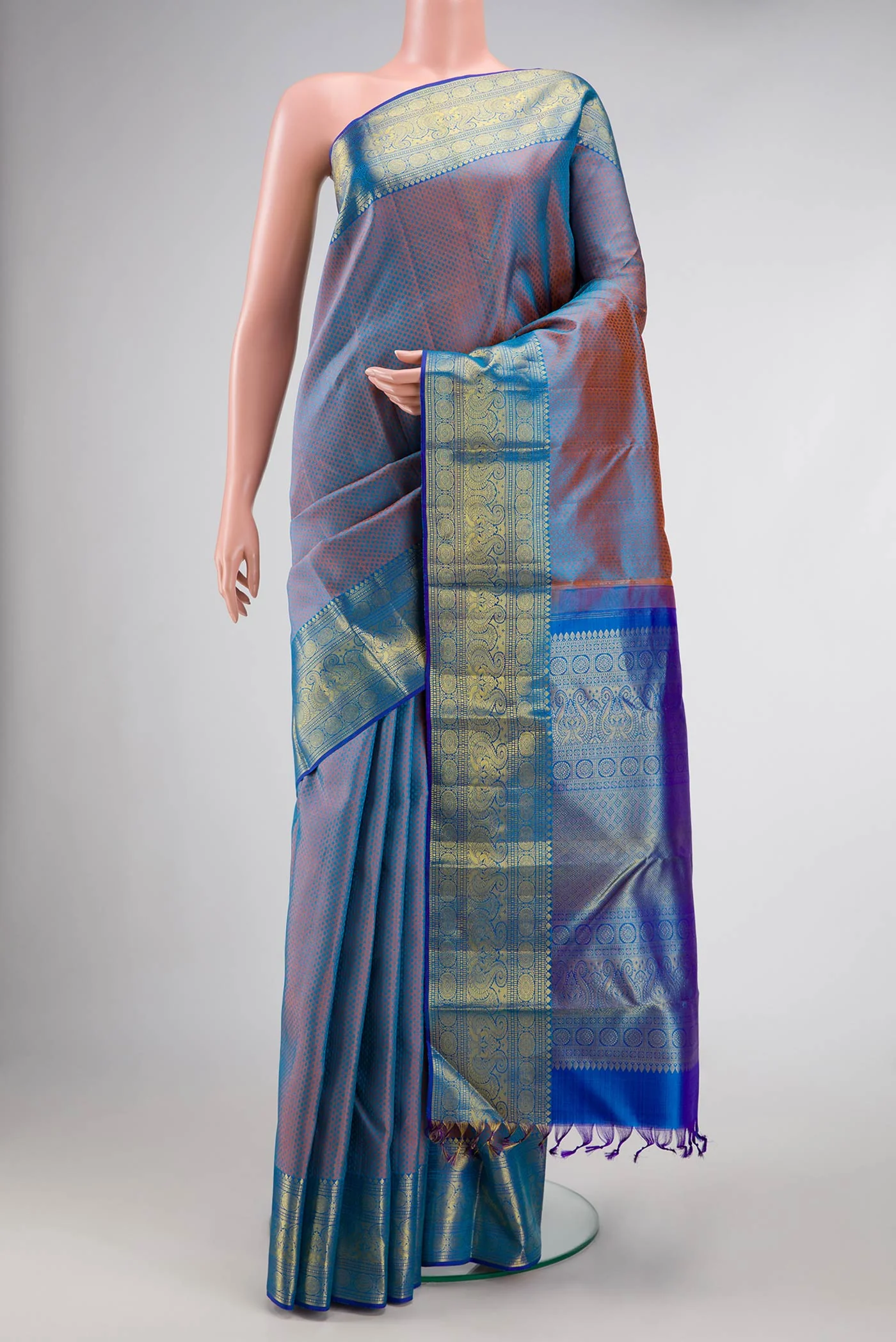 Blue with Orange Color Kanchipuram Silk Saree