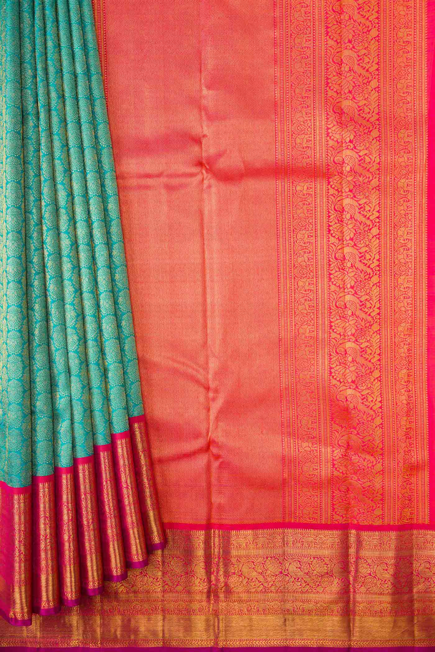 Peacock Blue Dual Tone Kanchipuram Silk Saree - Image 4