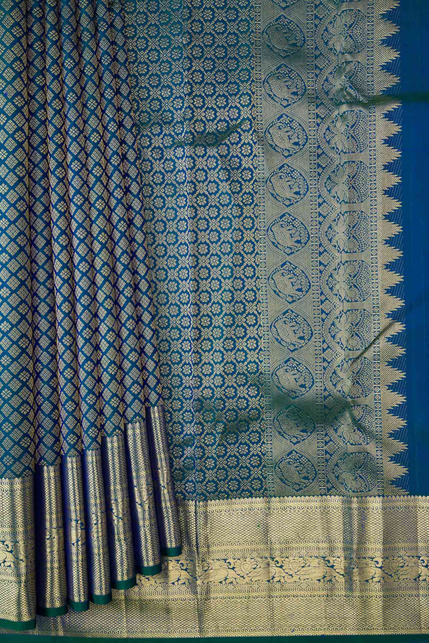 Peacock Blue Dual Tone Kanjivaram Silk Saree - Image 4