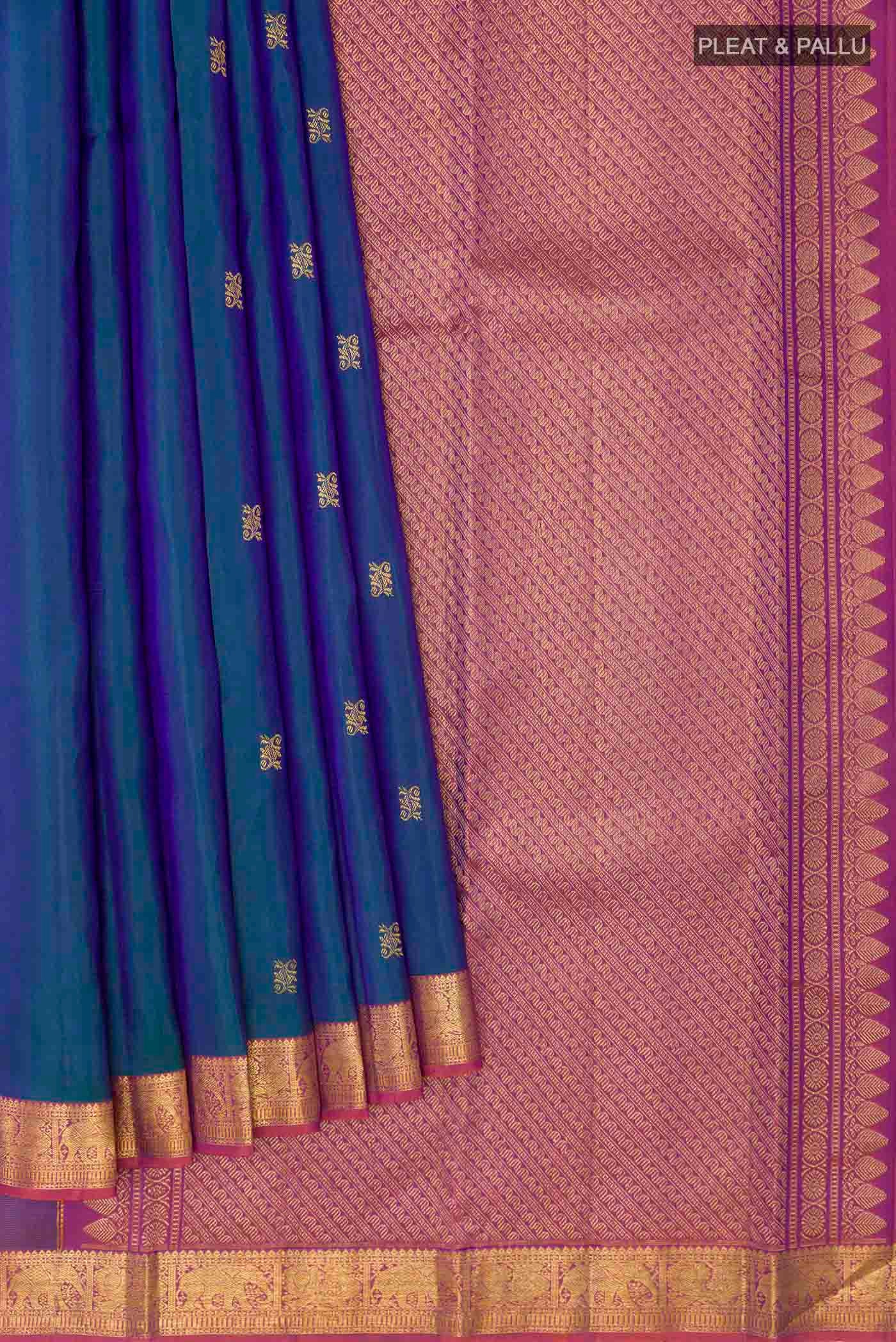 Peacock Blue Dual Tone Kanchipuram Silk Saree - Image 4