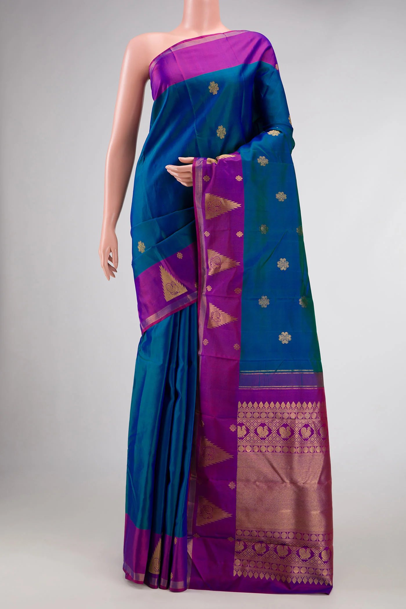 Peacock Blue Dual Tone Kanjivaram Silk Saree