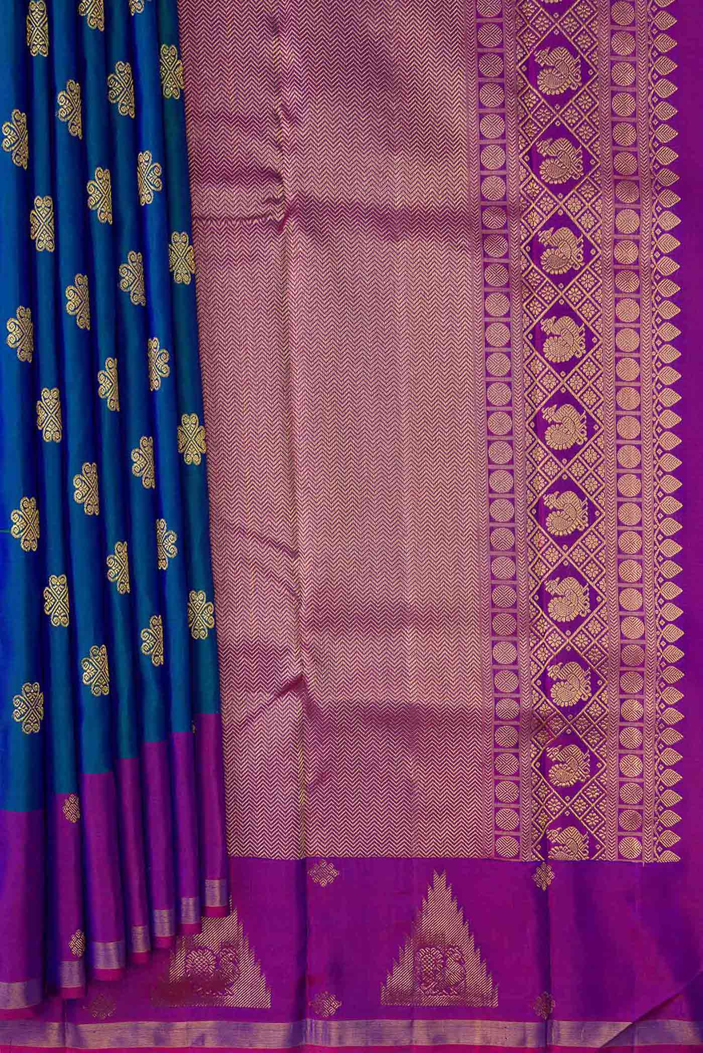 Peacock Blue Dual Tone Kanjivaram Silk Saree - Image 4