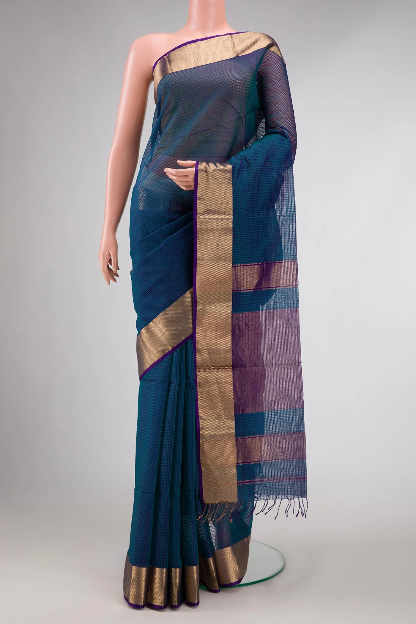 Peacock Blue Dual Tone Maheshwari Silk Saree