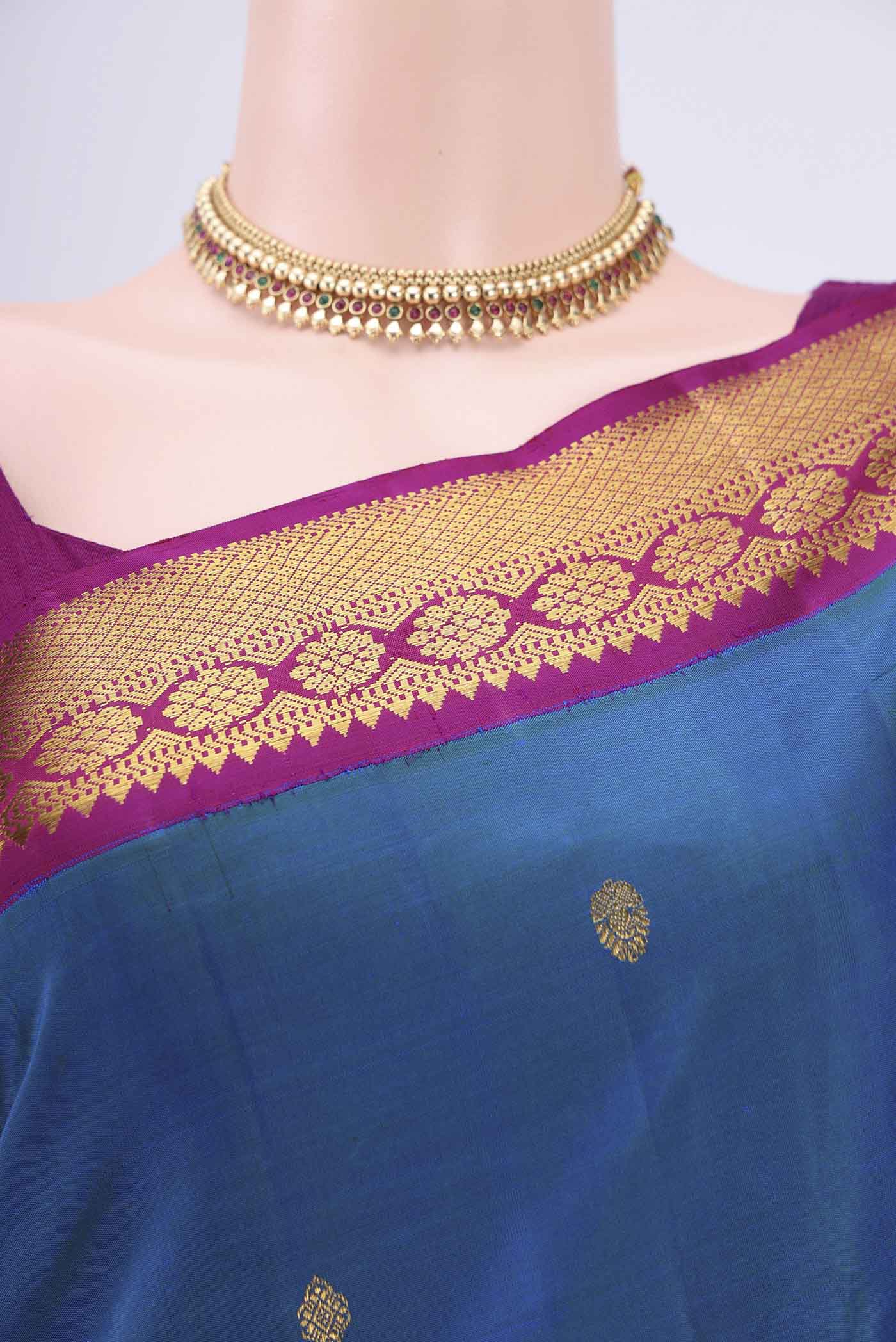 Pure Silk Pure Zari Blue Kanchipuram Saree - Image 2