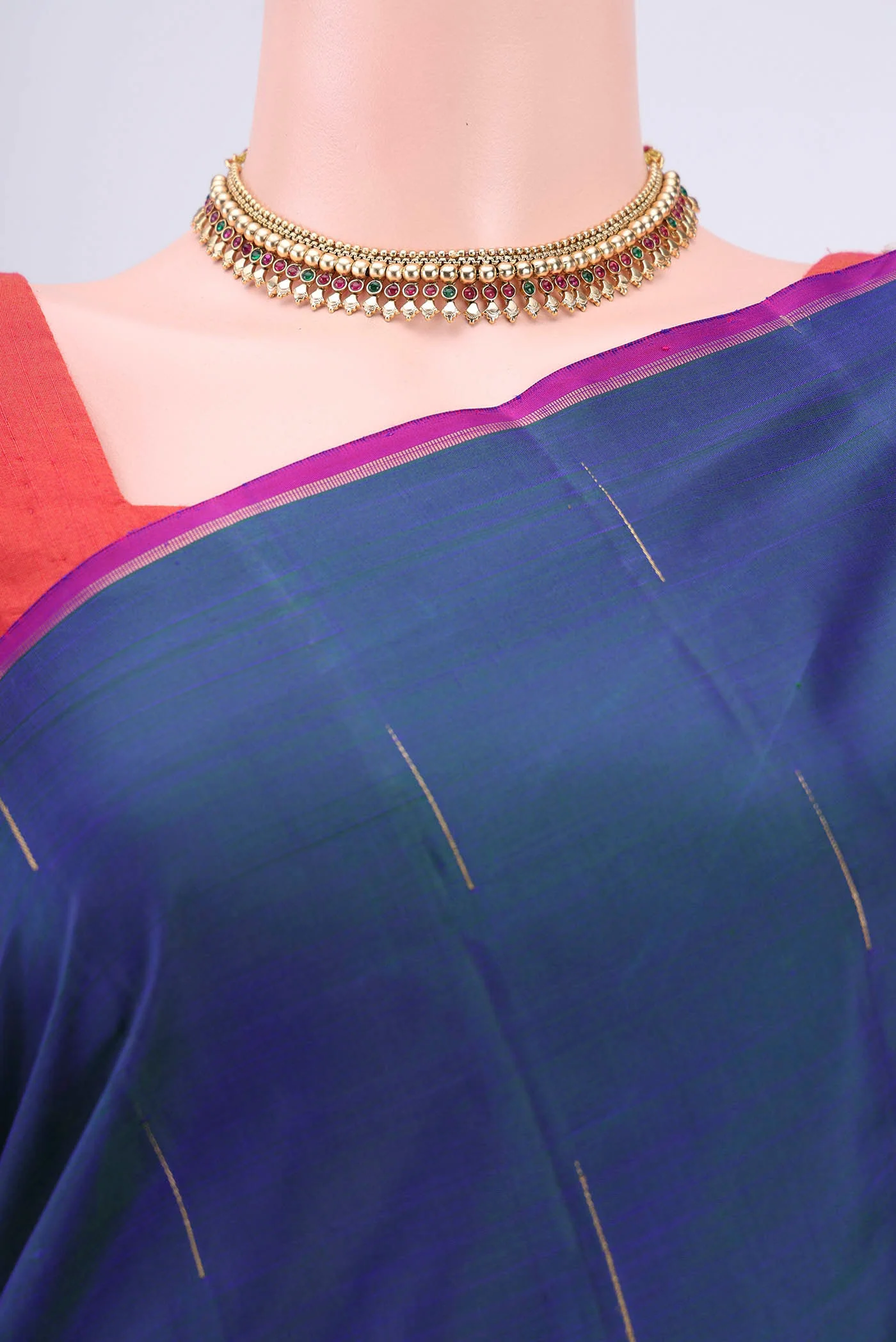 Pure Silk Pure Zari Peacock Blue Kanjivaram Saree - Image 2