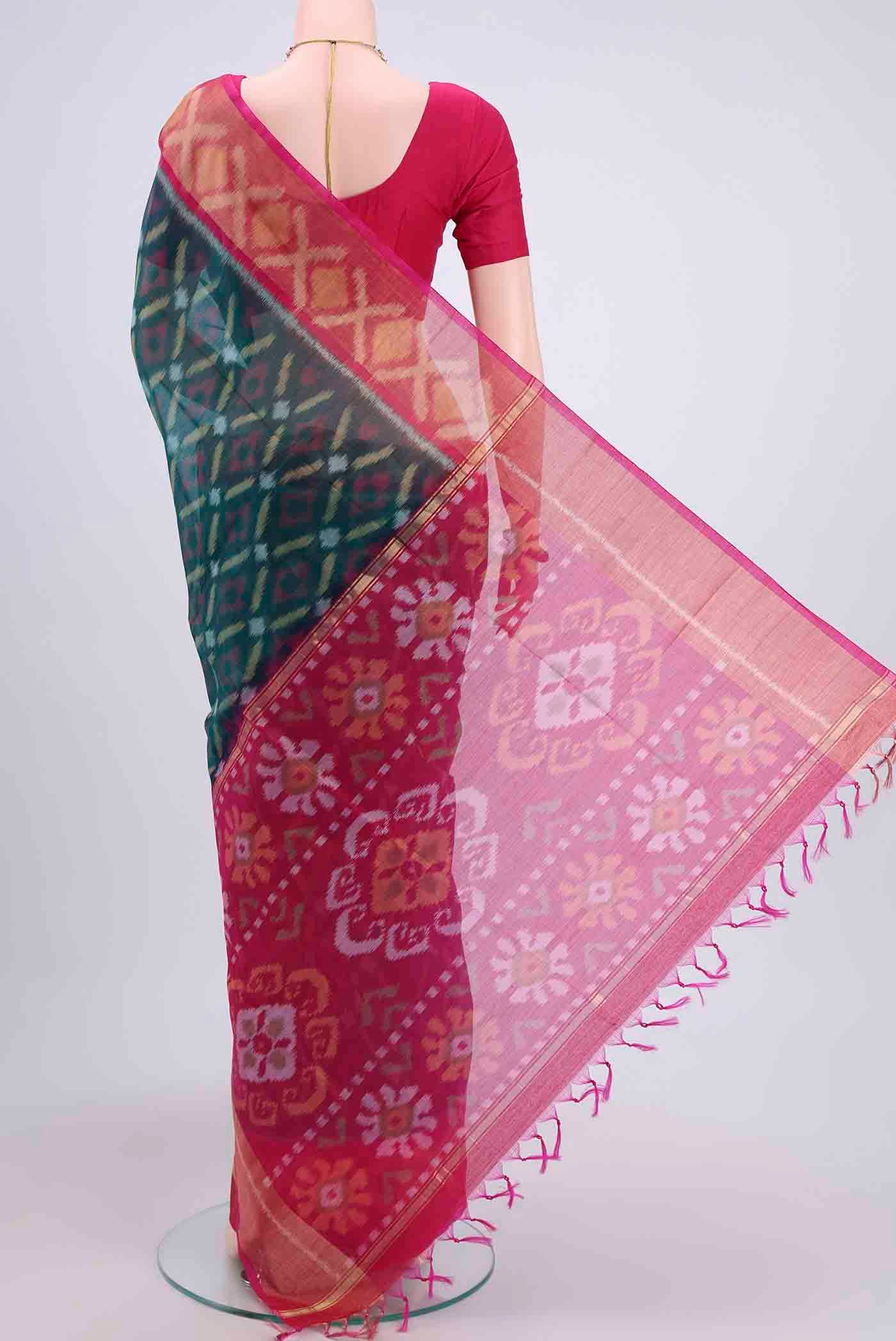 Peacock Blue Kora Cotton Saree - Image 3