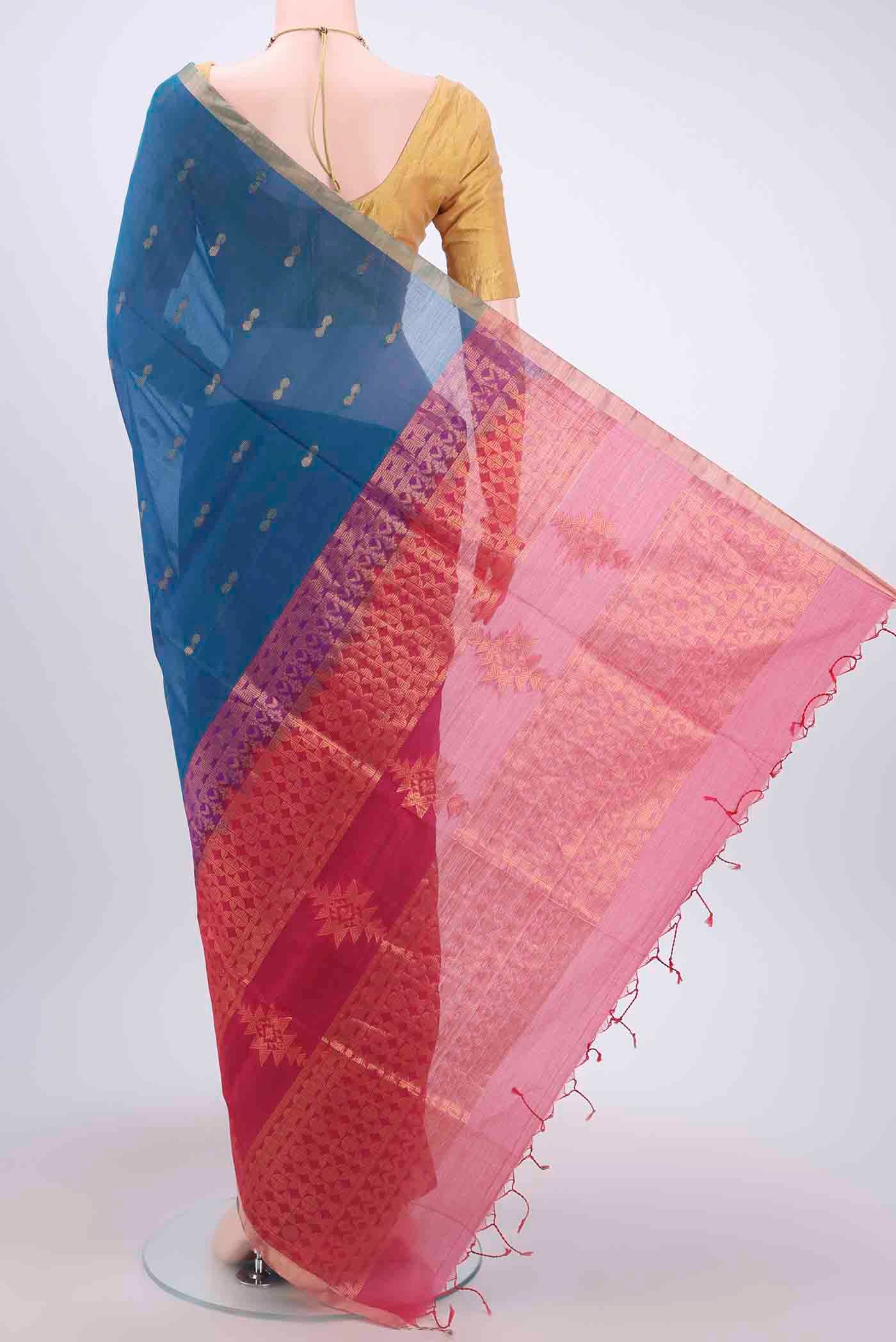 Peacock Blue Kora Cotton Saree - Image 3