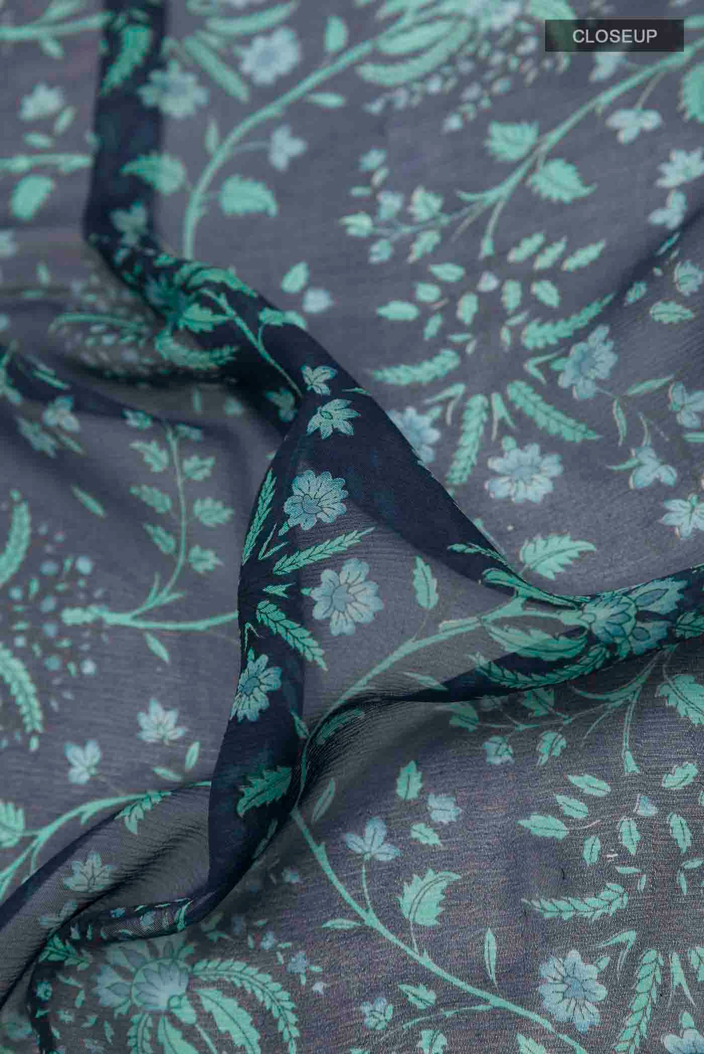Peacock Blue Mysore Chiffon Saree - Image 2