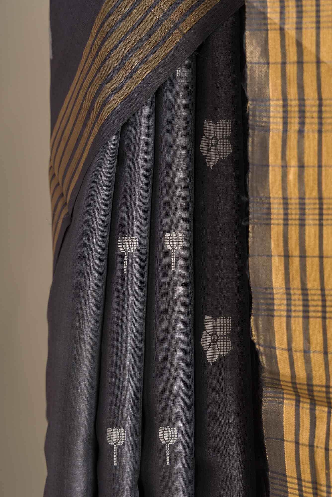 Perfume of Love-Dark Grey Bhagalpuri Tussar Silk Saree - Image 3