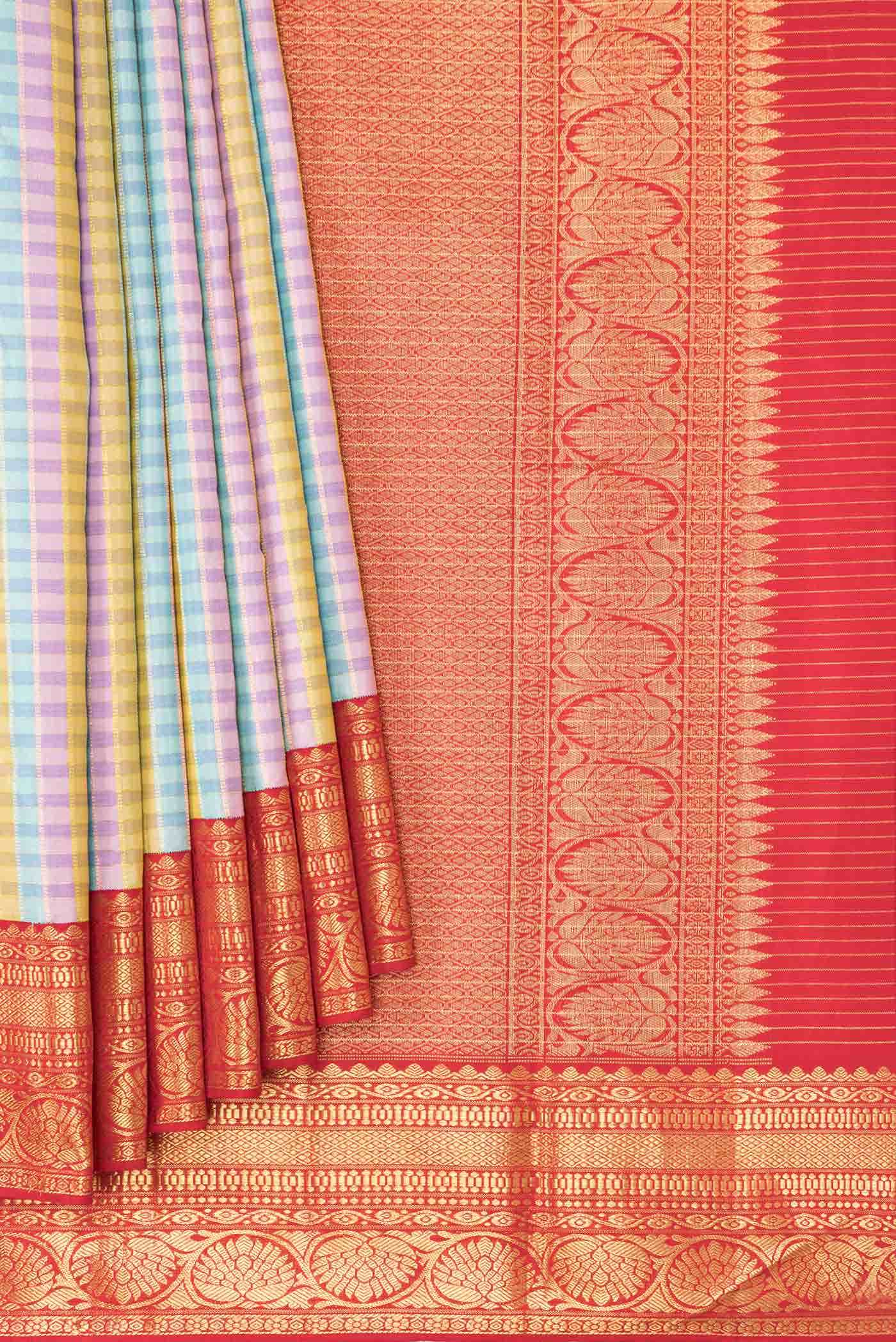 Pure Silk Pure Zari Pink, Blue and Gold Dual Tone Kanchipuram Saree - Image 2