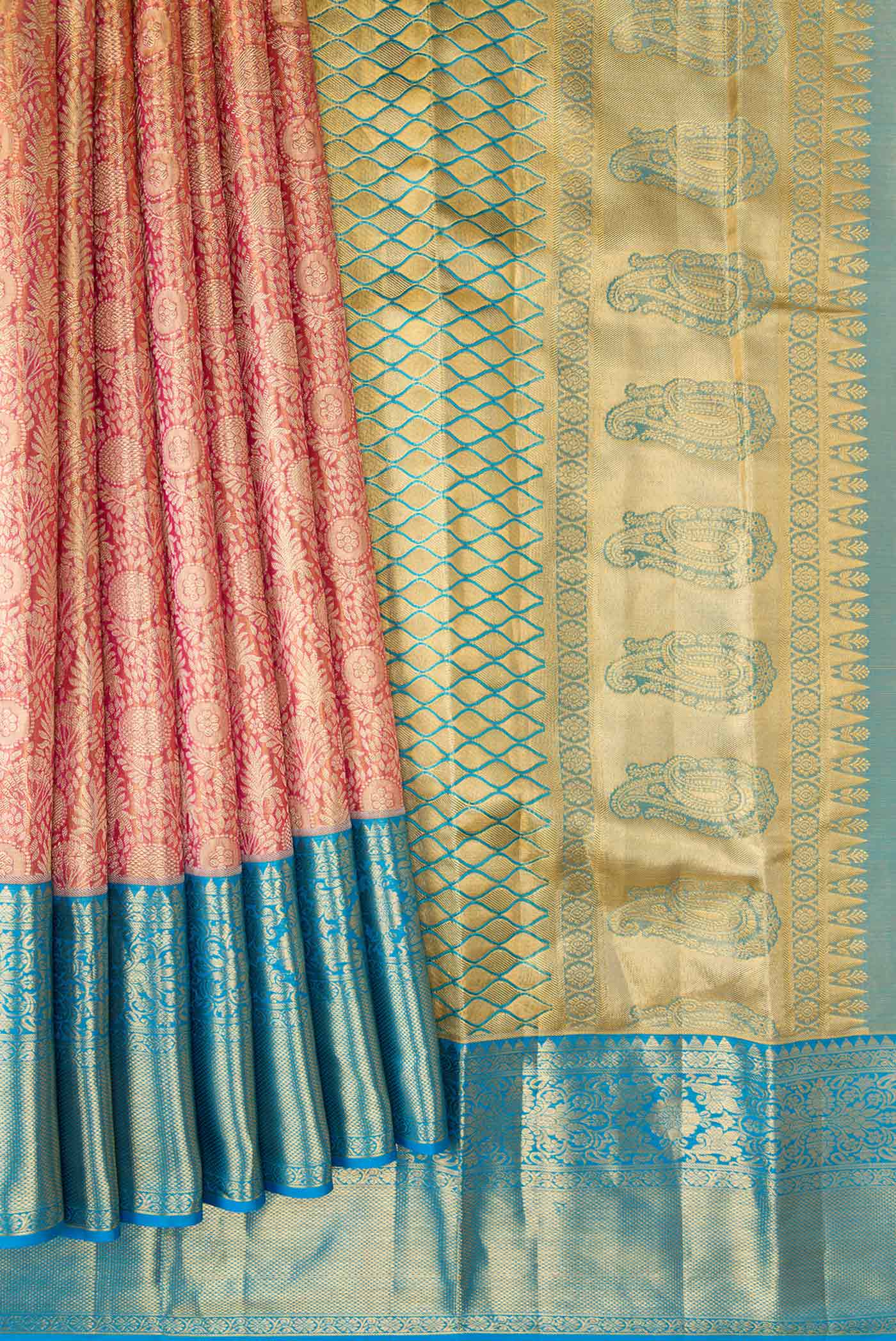 Pink with GOld Color Kanchipuram Tissue Silk Saree - Image 4