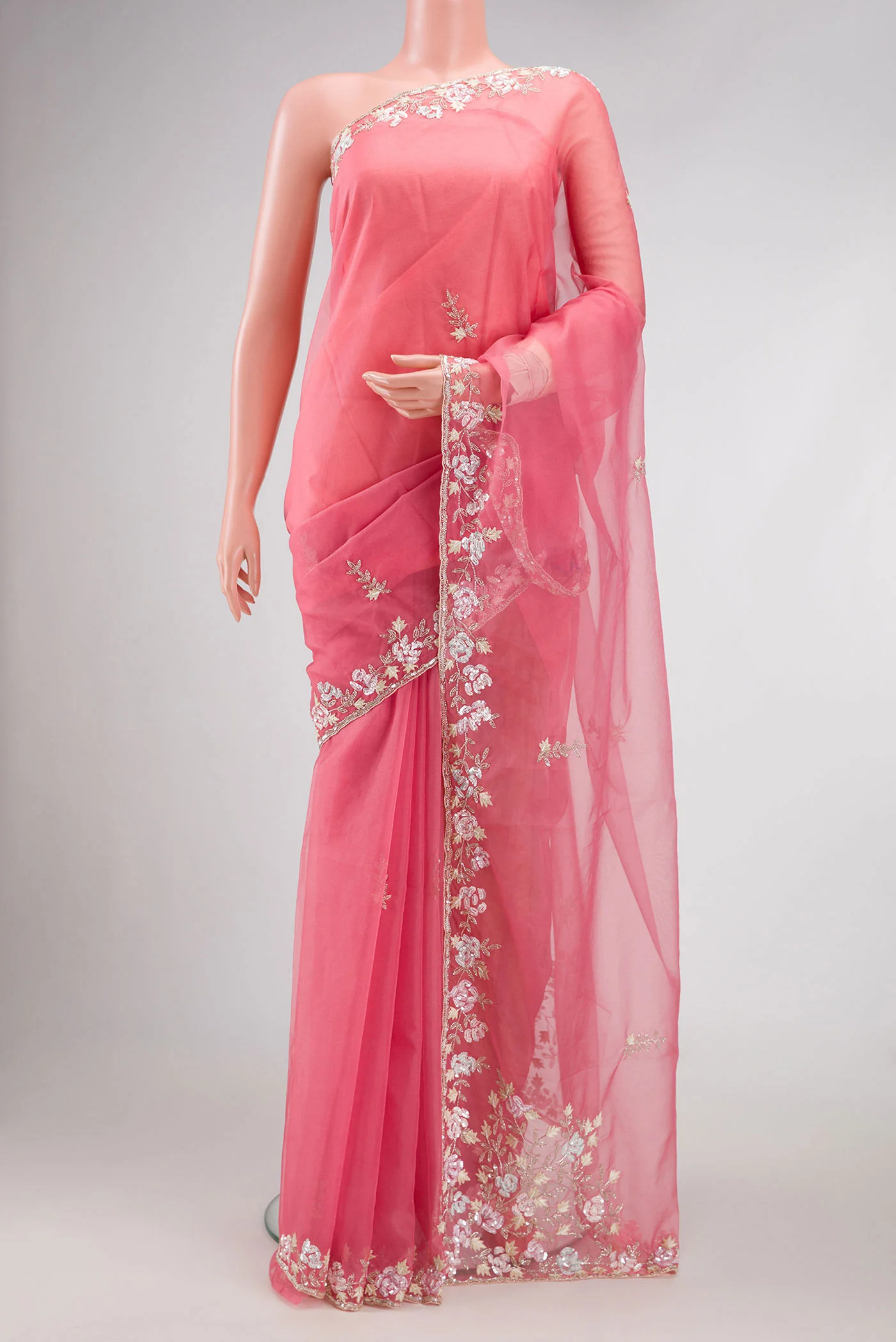 Coral Organza Silk Saree