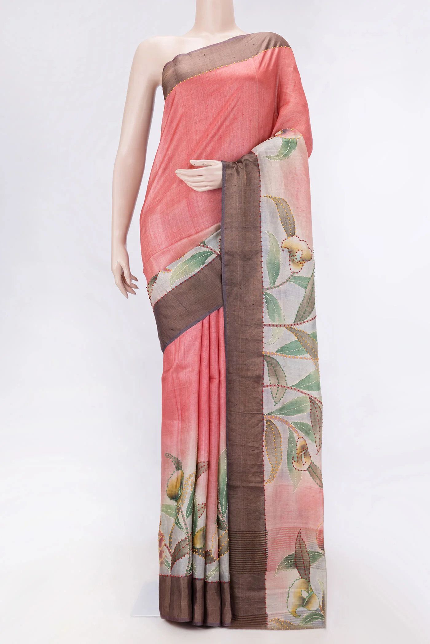 Coral Tussar Silk Saree