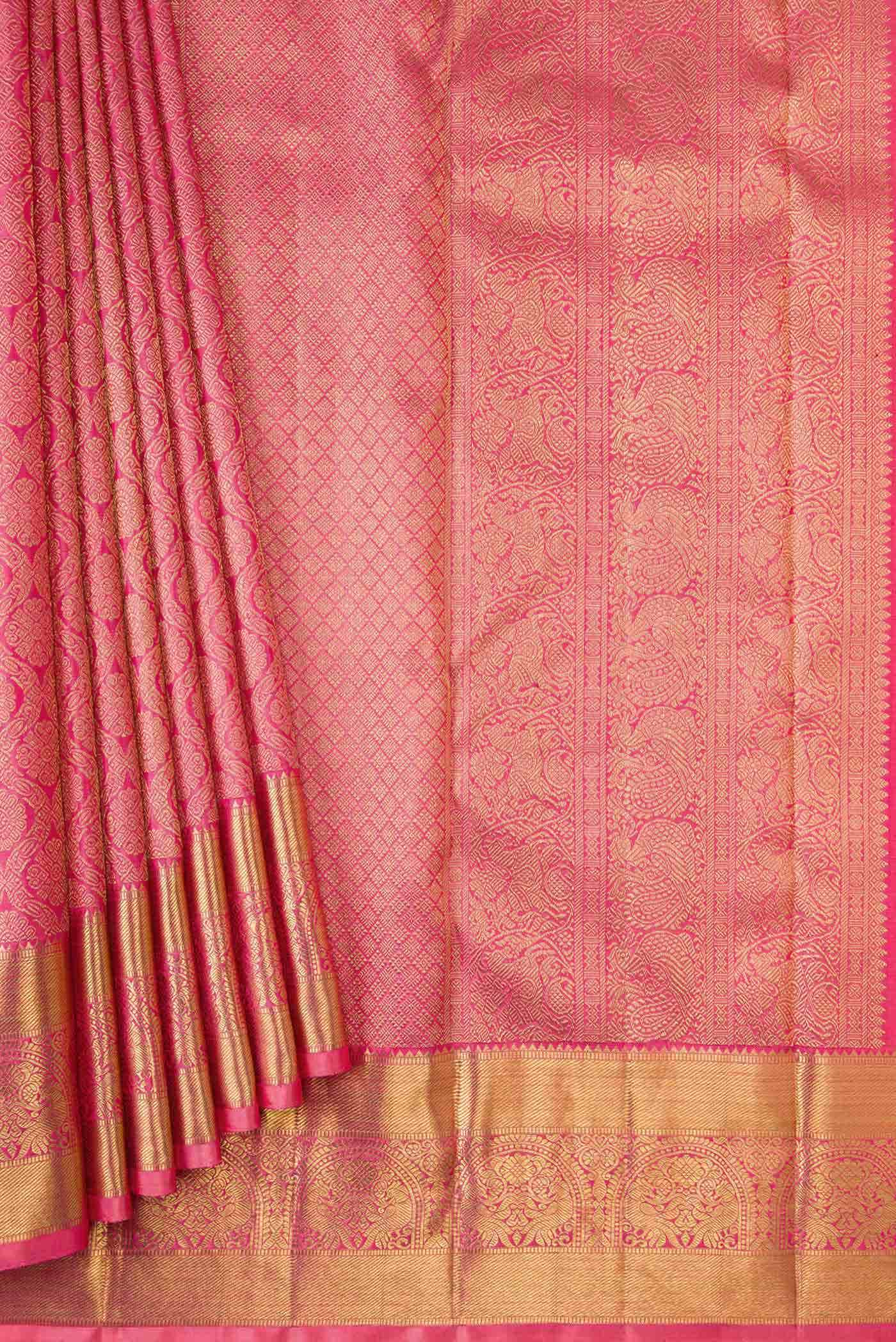 Pure Silk Pure Zari Pink Kanjivaram Saree - Image 2