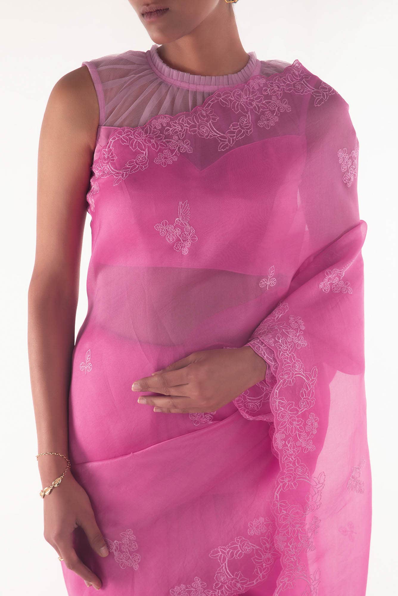 Day dreams Pink floral design saree from Embroidered Romance Collection by Nalli - Image 2