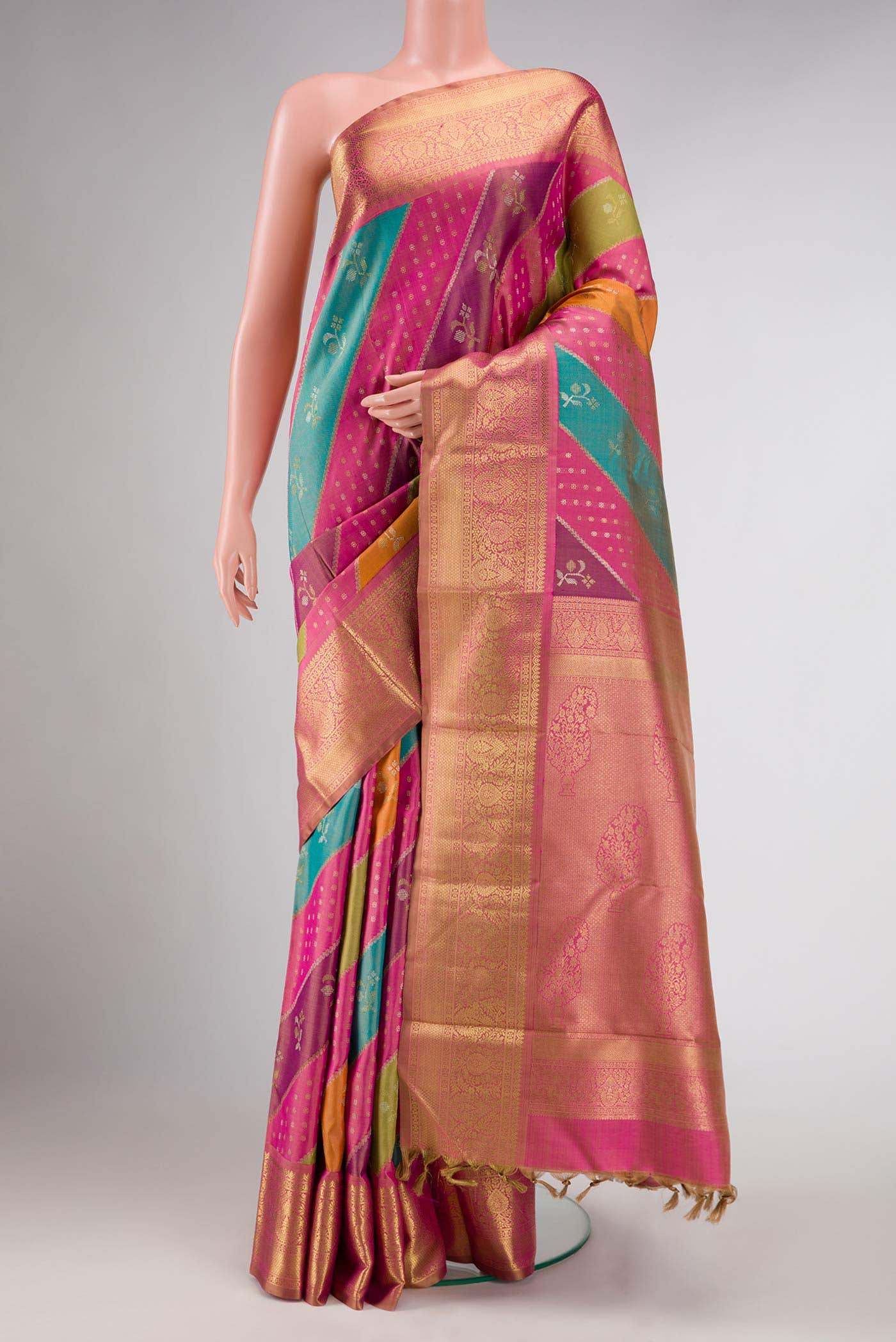 Pure Silk Pure Zari Pink, Sky Blue and Green Dual Tone Kanjivaram Saree