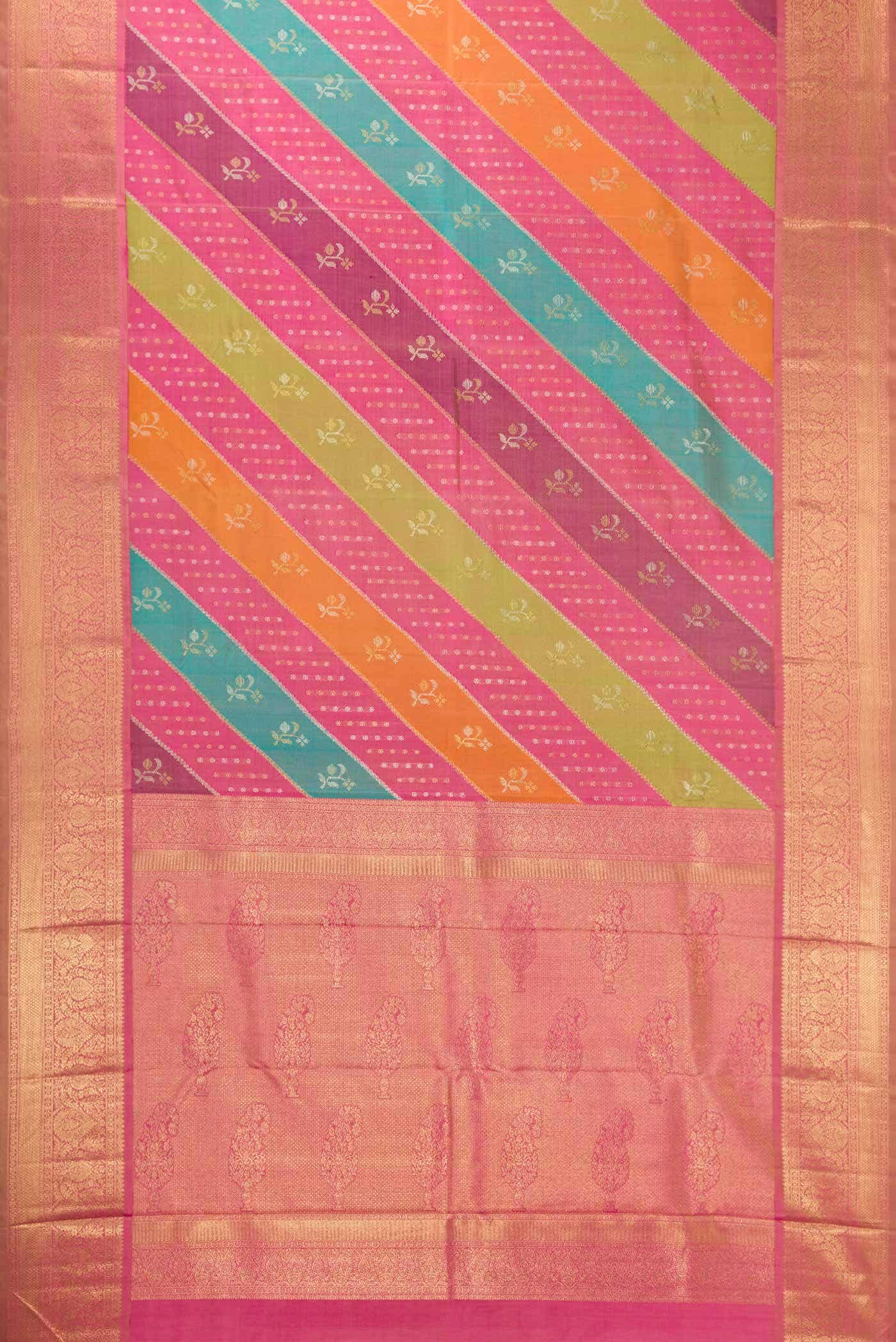 Pure Silk Pure Zari Pink, Sky Blue and Green Dual Tone Kanjivaram Saree - Image 4