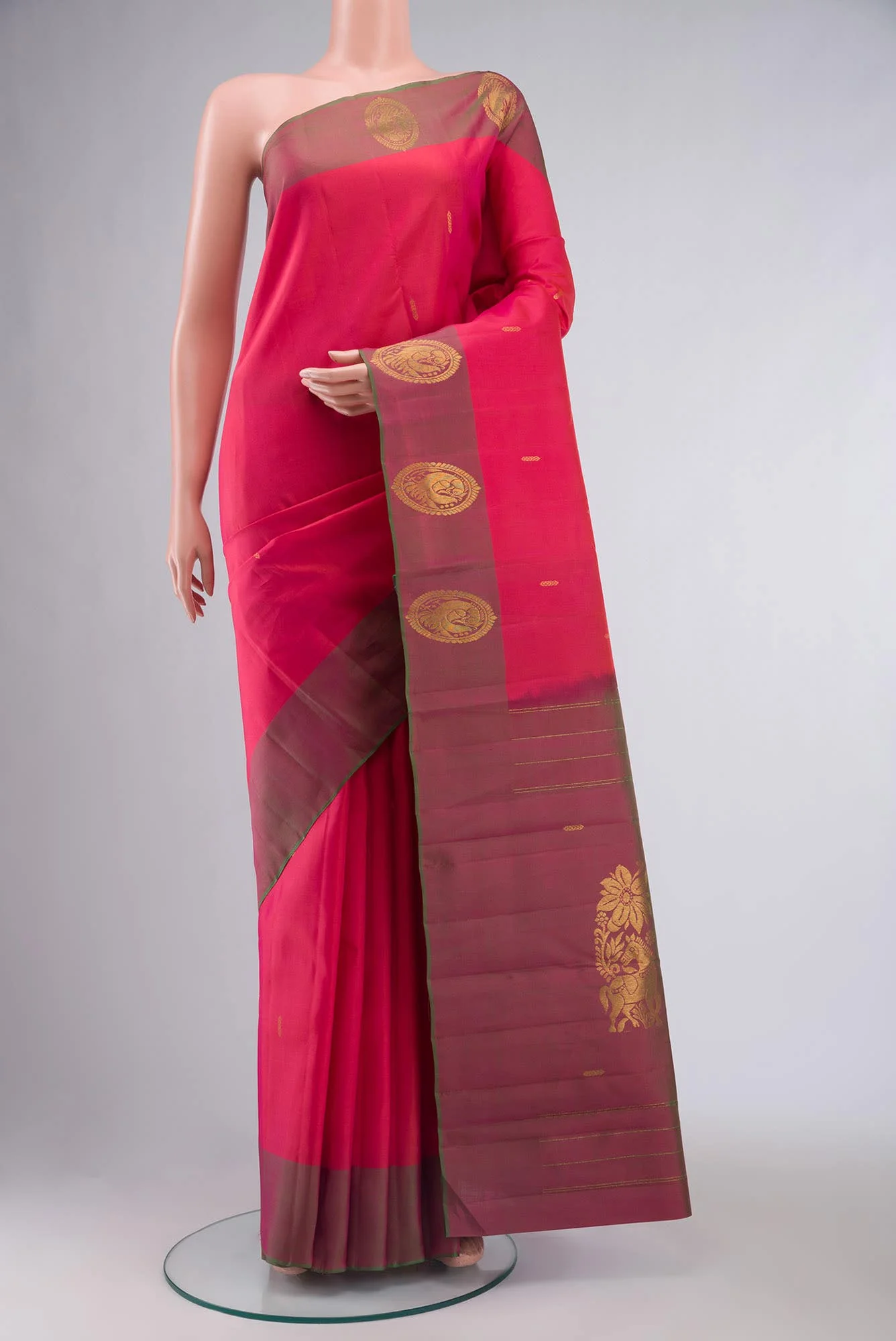 Pink with Orange Dual Tone Kanjivaram Silk Saree