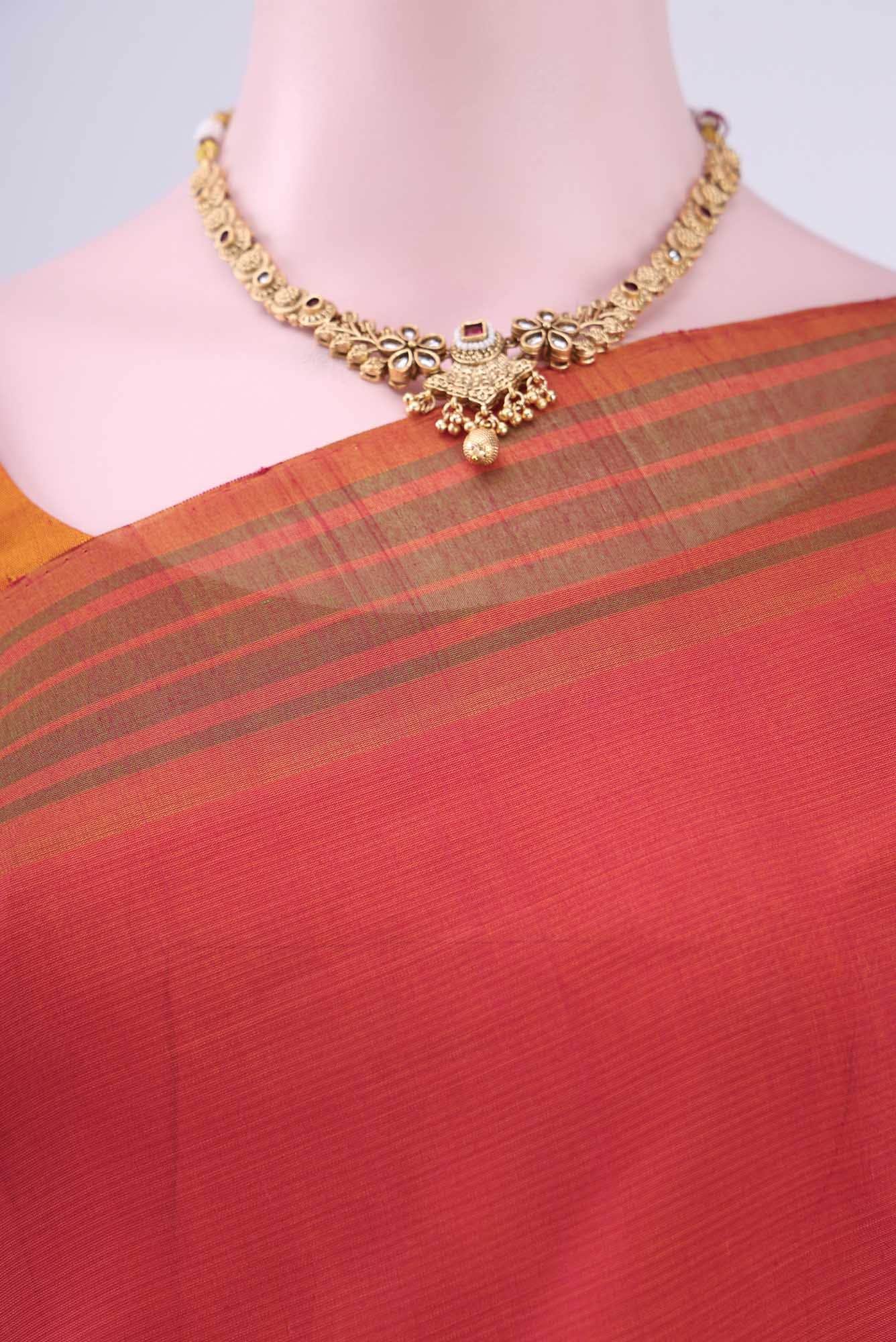 Pinkish Yellow Kora Cotton Saree - Image 3